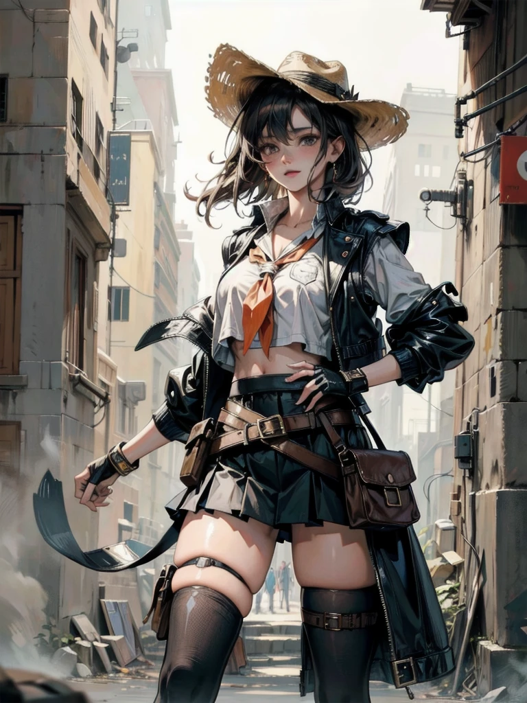 cowgirl costume, vest, cowboy hat, fingerless gloves, midriff, neckerchief, short skirt, holster, absurdres, RAW photo, extremely delicate and beautiful, masterpiece, Best Quality, ultra high resolution, 32k, hyperrealistic, ultra-detailed, perfect figure, tearful mole, earring, whole body shot, short medium hair, wavy hair,