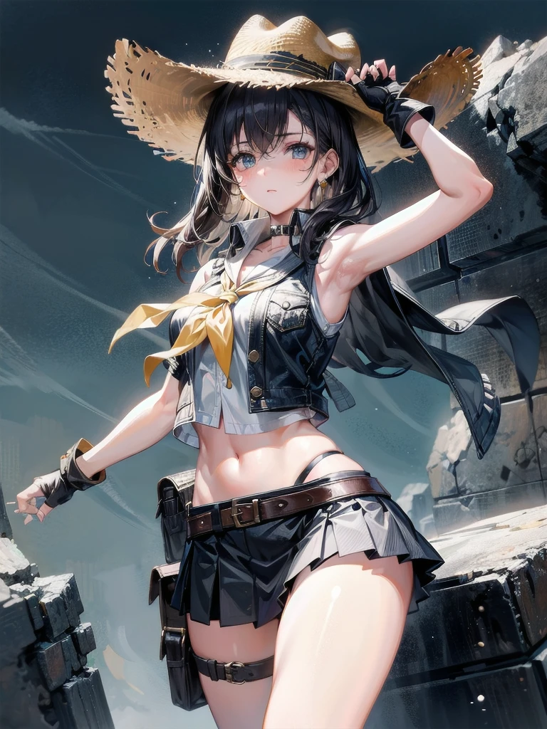 cowgirl costume, vest, cowboy hat, fingerless gloves, midriff, neckerchief, short skirt, holster, absurdres, RAW photo, extremely delicate and beautiful, masterpiece, Best Quality, ultra high resolution, 32k, hyperrealistic, ultra-detailed, perfect figure, tearful mole, earring, whole body shot, short medium hair, wavy hair,