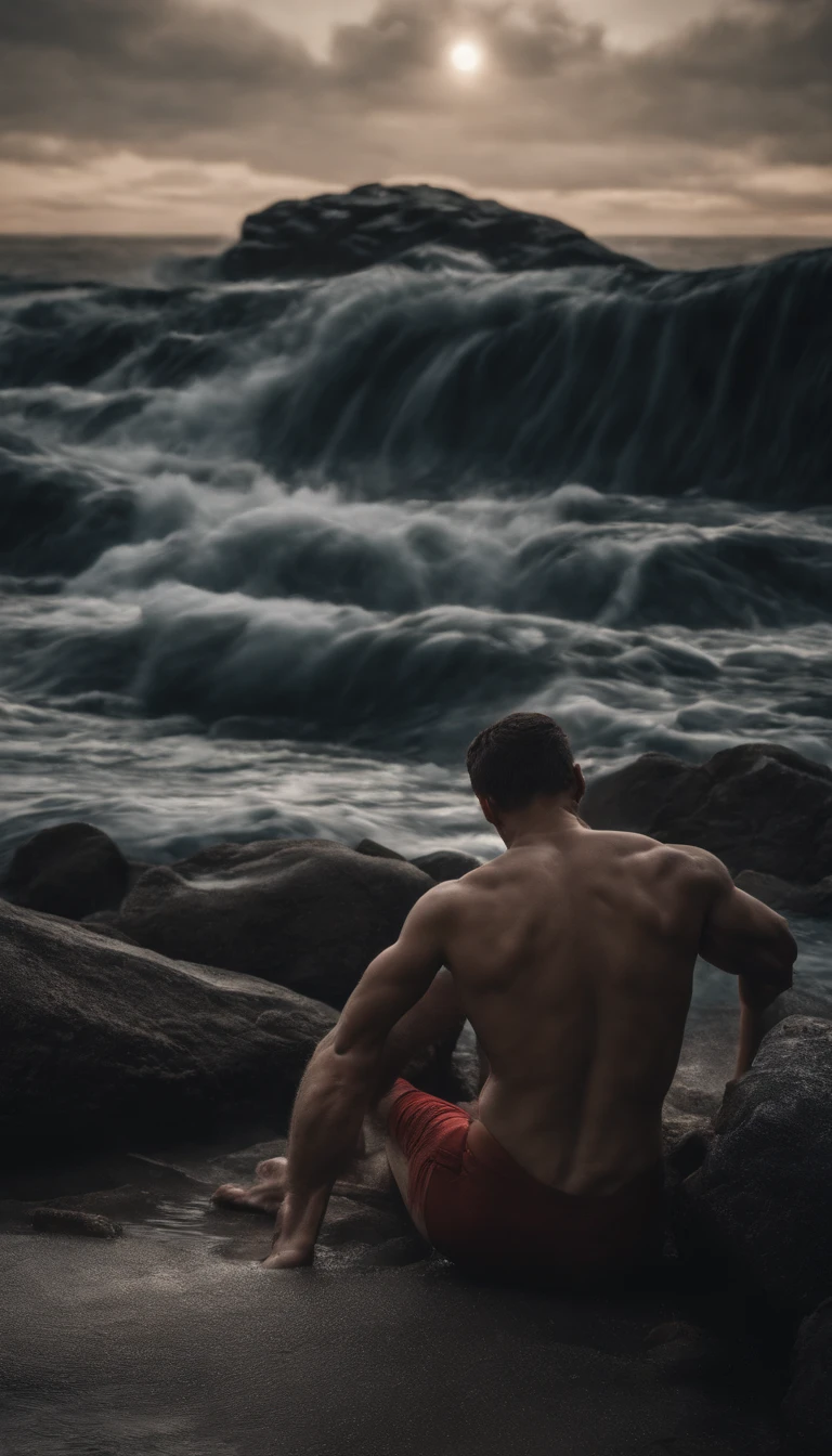 glamor photo of sad 35 year old man (close up: 0.9) topless leaning against a window at the end of the world, masterpiece, best quality, dslr, 8k, 4k, ultra realistic, realistic, ray tracing, scatter underground, volumetric light, 1 man, wet, in red transparent underwear, epic, apocalypse, abandoned, night, film grain, (intricate details), (intricate details, hyperdetailed: 1.2), art station, cinematic shot, vignette, dark theme, complex background, building, seen from below, dynamic pose, single pose, (intricate details, hyper-detailed: 1.2), art station, cinematic shot, vignette, dark theme, complex background, seen from below, dynamic pose , unique pose, ultra detailed portrait, model, shot by famous photographer in CANON 5D MARK, detailed skin with all raw details - ar 4:6 --q 2 --s 750 --v 58k, 4k, ultra-realistic, realistic, ray traced, scattering, volumetric light, 1 man, wet, in transparent underwear, epic, abandoned, night, film grain, (intricate detail),The sad man is sitting by the sea in complete darkness and appears alone among the folds of darkness. He looks full of sadness and pain as his eyes don't seem to contain a single drop of joy. Dressed in transparent underwear that surprises with its strange and interesting beauty. The sad soul rests on his face and expresses the deep pain that afflicts him. This is reflected in his lost perspective and difficult passage through life. His chiseled stature and the expanse of his lifeless hands reveal the sadness that resides in his heart. The choppy waters, at this specific moment, seem to be a symbol of the internal storms he is experiencing. The waves dance violently and conflict with the sad boy's feelings. In this case, the full moon, which still shines in the night sky despite the darkness surrounding it, adds a hidden hope and a little light to your face, which is drowned in sadness. The image carries a spirit of sadness, loneliness and grief,