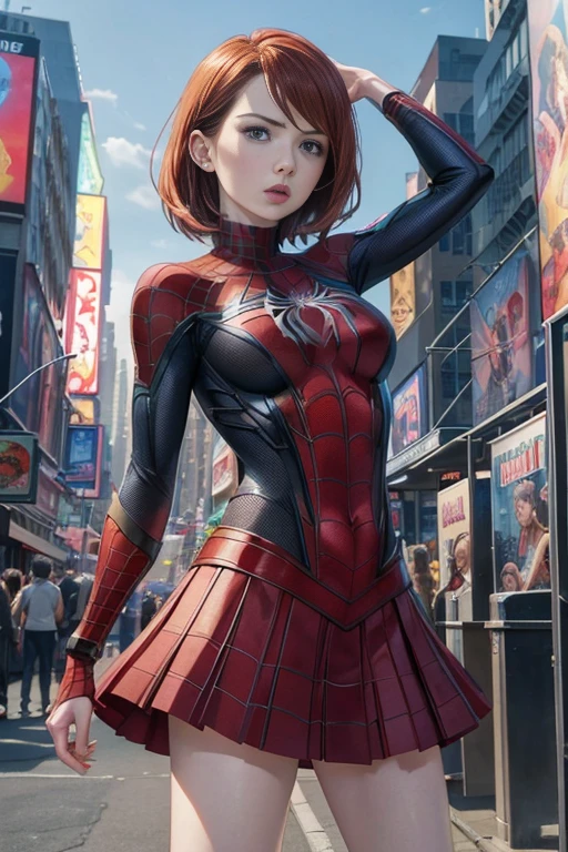 Jenna Louise Coleman、マーベルコミックの映画Poster、so beautiful、Movies about Spider-Man、sexy、whole body、Wearing a skirt、Premiere Date、Poster、belly buttonを突き出す、new york、She&#39;s wearing a ripped Spiderman suit、The suit is torn、Wearing a skirt、Red and black color scheme、dynamic、masterpiece、highest quality、Super detailed、Very detailed、Delicate and beautiful shine、Ultra-high resolution、Cinematic、break、breakドロップ、(Torn clothes:1.5)、(Wet clothes:1.4)、Bare shoulders、Real Rain、Wet Hair、belly button、Exposed Skin、sexyな肩を披露