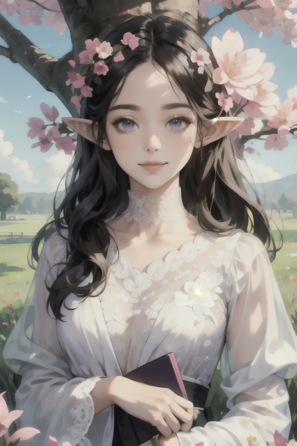 ((best quality)), ((masterpiece)), (detailed), perfect face, elf, black hair, long hair, purple eyes, dress, flowers, pink flowers, happy, sunny, green grass, lawn, lace choker, romantic, soft smile, looking at viewer, portrait, ribbons, under tree