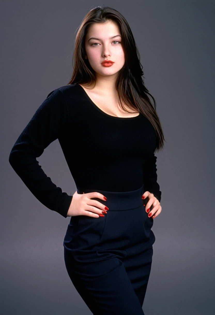 1996 clothing style, twenty year old caucasian woman, long dark hair, blank background, 90s clothing, 90s style, 1990s, studio portrait, designer clothing, curvy, 140 lbs, pretty girl, sophisticated outfit