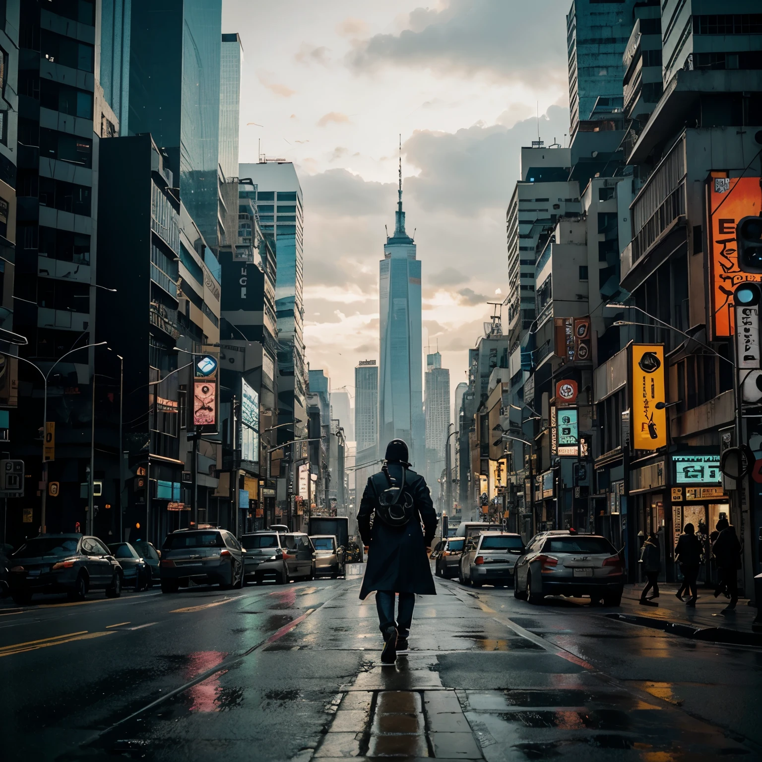 Crie uma imagem de uma Mega City baseada no filme matrix. It is a modern metropolis with imposing skyscrapers, ruas movimentadas e um estilo visual cyberpunk. A cidade deve ter uma atmosfera meio nova york, movimentada, meio nublada, com cores um pouco mais claras e muitas poessoas. It must feel dystopian and claustrophobic, with elements of technology mixed with urban decay.