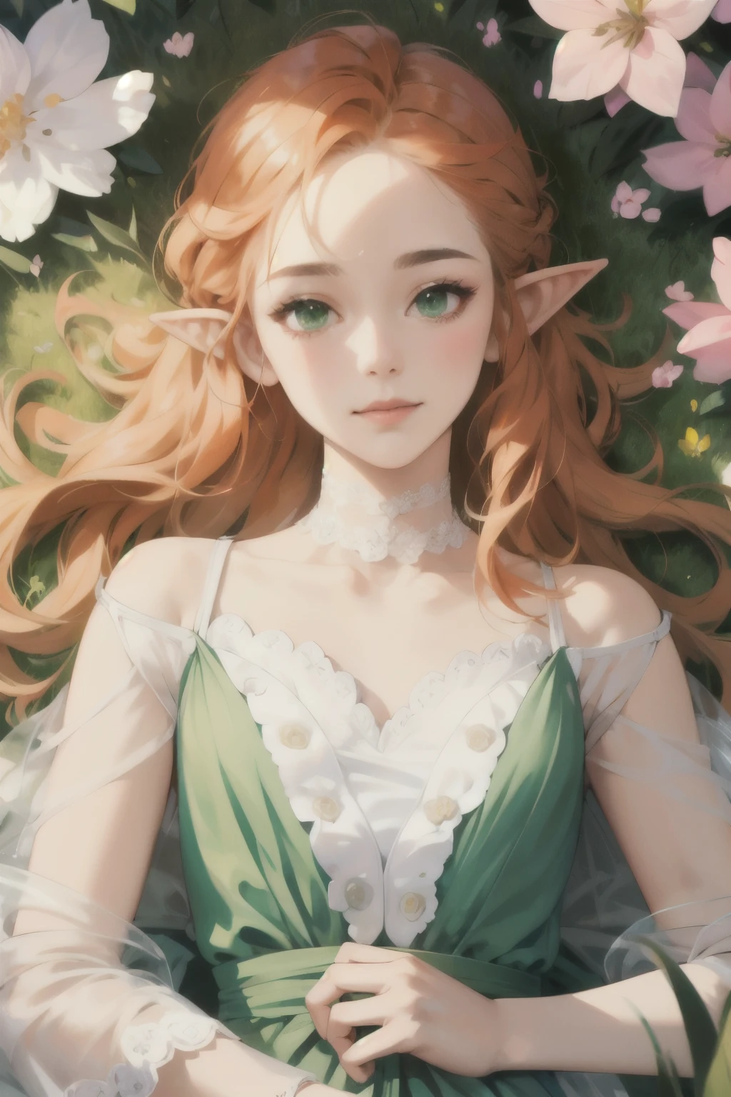 ((best quality)), ((masterpiece)), (detailed), perfect face, elf, young, girl, orange hair, long hair, green eyes, lilac dress, flowers, pink flowers, happy, sunny, green grass, lawn, white lace choker, romantic, soft smile, looking at viewer, portrait, flat, ribbons