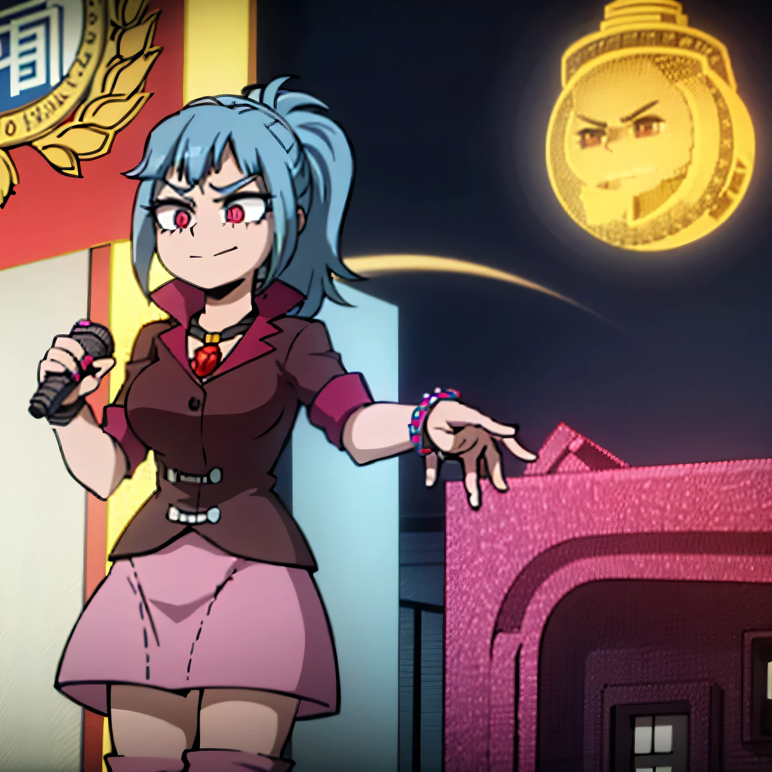 1 girl, big breasts, ponytail hair, hair ornament, blue hair, pink eyes, smirk, jacket, red pendant, skirt, bracelet, boots, microphone, singing, night background