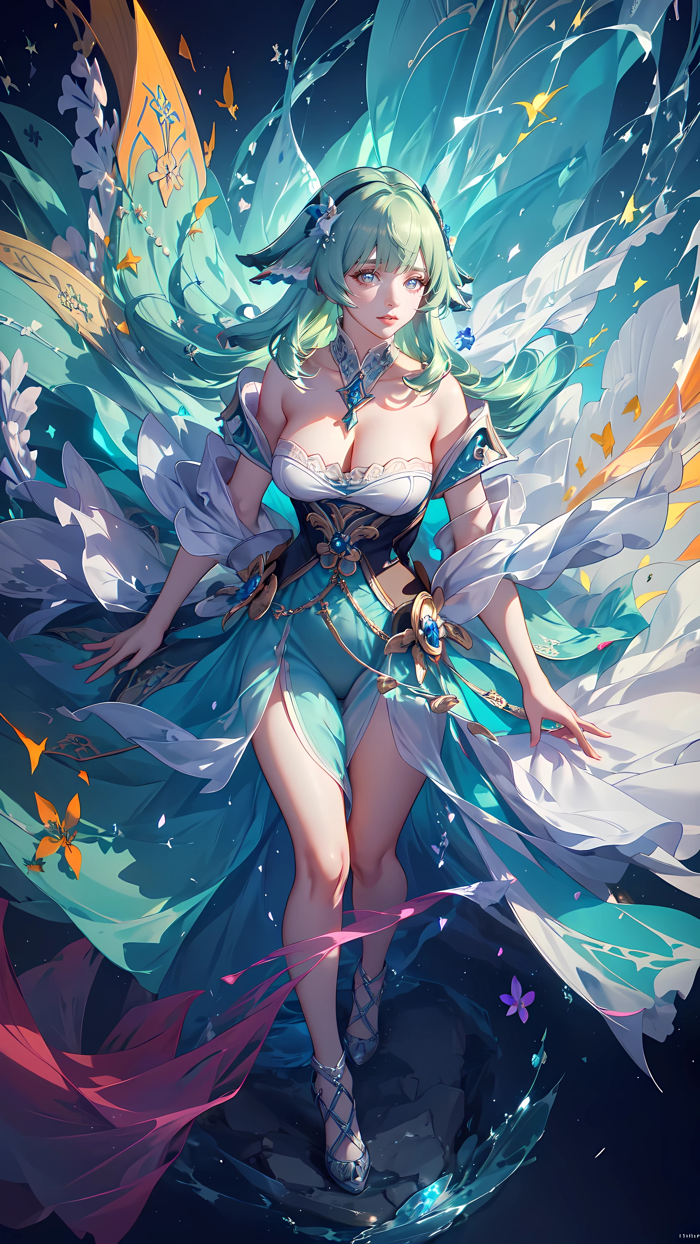 (((FULL BODY POSE))) (((SHOW PANTIES))) (((BIG GIANT BOOBS))) (((GREEN HAIR))) ((GOOD FINGER, ANATOMY CORRECTED)) (((GREENLUXURY ARISTOCRATIC NOBLE COSTUME WITH FOX FUR TAILS))) | A WOMEN WEAR ((SEXY OUTFIT)) FLOATING IN THE WATER ((BLUE SKY BACKGROUND)) ((FLOWER PETALS FAILING BACKGROUND IS A BLUE SKY)))) HORIZON PLANET FULL OF (((STARS))) | big eyes, ((big boobs)) sexy pose, big thigh, full body, large breasts, open legs, show panties, smile, portrait knights of zodiac, extremely detailed ((pixiv arts)), high detailed official artwork, [ tarot card ]!!!!!, detailed key anime art, knights of zodiac anime, beautiful celestial mage, firefly from honkai star rails, full body | (dynamic angle:1.1), outline, ((thick line art)), cover, stylish, official art, (details:1.2), (fantasy), garden, (bloom:1.1), glow:0.2, shadow, nature, flower, splash water, crystal, snowflakes, particles, bokeh, anamorphic light (depth of field), sharp focus, (volumetric lighting), (bokeh:0.6), film grain:0.4, (soft lighting:1.1) (VIGNETTE:1) | high-quality, ultra-detailed illustrations, ultra-high resolution, (high resolution, overwhelmingly pixel-perfect, luxurious illustration), (Ultra Quality, Masterpiece, Ethereal:1.4) photorealistic:.1.4, UHD (8k, RAW photo, best quality, masterpiece:1.2)