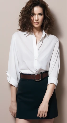 (highest quality, High resolution, masterpiece :1.3), Tall and beautiful woman, Slim Abs, Dark brown hair styled in loose waves, chest, Wear a pendant, White button-up shirt, belt, Black Skirt, (Modern architecture in the background), Exquisite expression of facial and skin texture details, Fine grain, double eyelid