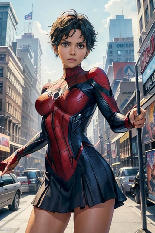 Halle Berry、マーベルコミックの映画Poster、so beautiful、Movies about Spider-Man、sexy、whole body、Wearing a skirt、Premiere Date、Poster、belly buttonを突き出す、new york、She&#39;s wearing a ripped Spiderman suit、The suit is torn、Wearing a skirt、Red and black color scheme、dynamic、masterpiece、highest quality、Super detailed、Very detailed、Delicate and beautiful shine、Ultra-high resolution、Cinematic、break、breakドロップ、(Torn clothes:1.5)、(Wet clothes:1.4)、Bare shoulders、Real Rain、Wet Hair、belly button、Exposed Skin、sexyな肩を披露