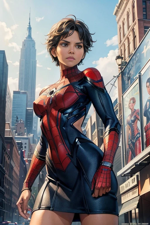 Halle Berry、マーベルコミックの映画Poster、so beautiful、Movies about Spider-Man、sexy、whole body、Wearing a skirt、Premiere Date、Poster、belly buttonを突き出す、new york、She&#39;s wearing a ripped Spiderman suit、The suit is torn、Wearing a skirt、Red and black color scheme、dynamic、masterpiece、highest quality、Super detailed、Very detailed、Delicate and beautiful shine、Ultra-high resolution、Cinematic、break、breakドロップ、(Torn clothes:1.5)、(Wet clothes:1.4)、Bare shoulders、Real Rain、Wet Hair、belly button、Exposed Skin、sexyな肩を披露