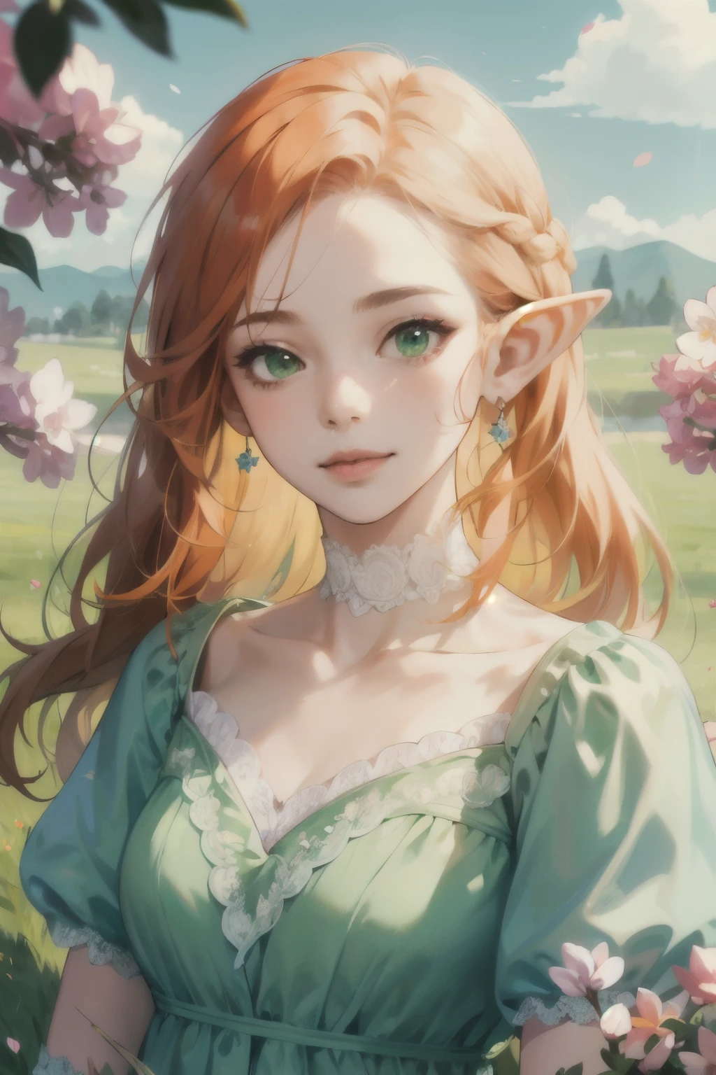 ((best quality)), ((masterpiece)), (detailed), perfect face, elf, girl, orange hair, long hair, green eyes, lilac dress, flowers, pink flowers, happy, sunny, green grass, lawn, white lace choker, romantic, soft smile, looking at viewer, portrait, ribbons