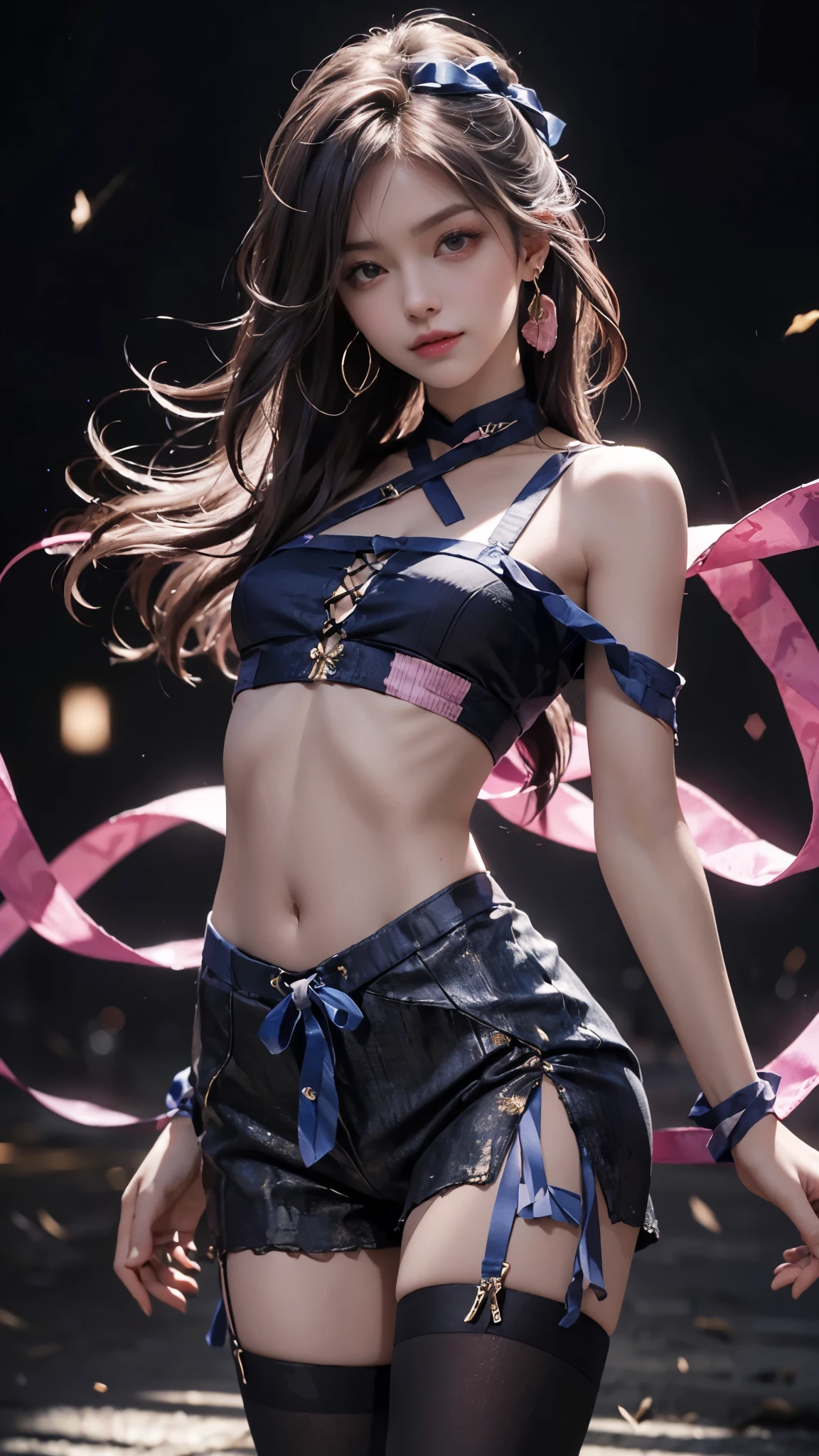 (Ultra-realistic realism), (A high resolution), (32K), (The is very detailed), (Beautifully detailed eyes), (top-quality), (ultra - detailed), (tmasterpiece), (the wallpaper), (A detailed face), solo, 1 girl in, looking at viewert, finedetail, A detailed face, in the darkness nigth, deep shading, low tune, pureerosfaceace_v1, A smile, blue shawl ,straight hair, 46-point diagonal bangs, (Silk clothing, short clothing, strips), (strips:1.5), (strait ribbon:1.5), (cropped shoulders), The view of the night city,Light pastel coloured outfit,Nipples,streaks,Small breasts,near-flat chest,Very small hips,Very thin waist,Very thin legs,Very thin thighs,Morning Glow,In the spotlight,Pink nipples,Long inseam,Dancing naked,Slim legs and thighs,The belly button and the surrounding area are exposed,