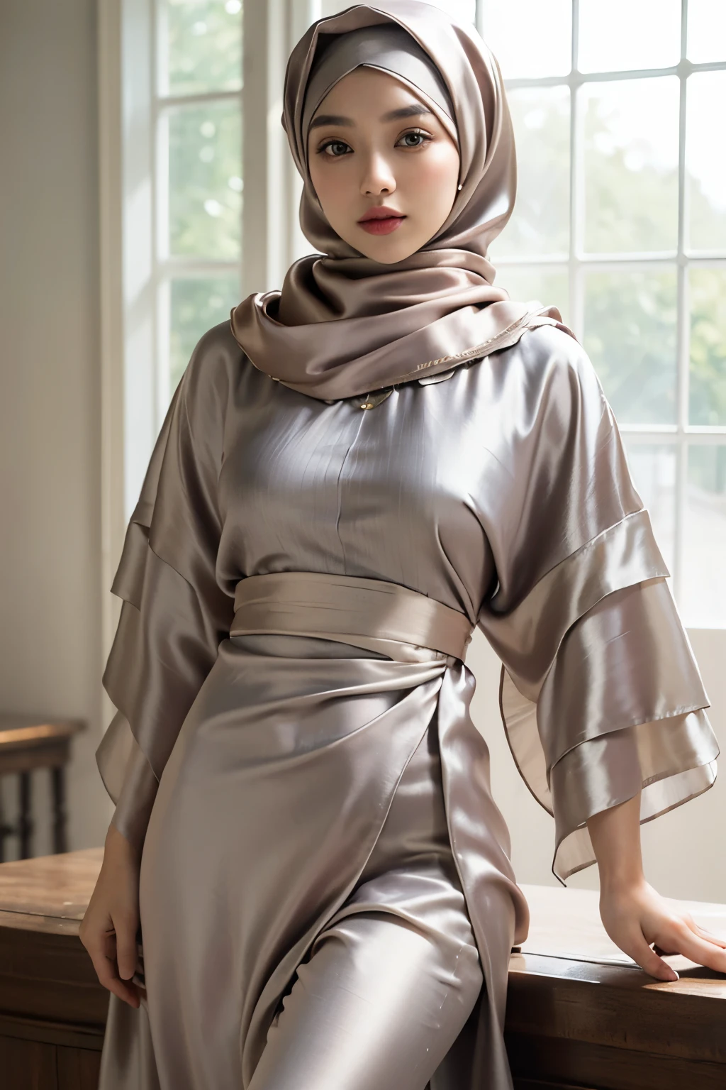 (Masterpiece, best quality, photography, detailed skin, realistic, photo-realistic, 8k, highly detailed, full length frame, High detail RAW color art, diffused soft lighting, shallow depth of field, sharp focus, hyperrealism, cinematic lighting, hijab, a woman in a beautifully makeup, eyeshadow, beautiful big eyes, long eye lashes, wearing (Gray satin hijab), loosely tide hijab style, ((Taupe satin kaftan)), asian face, cute asian, moist skin