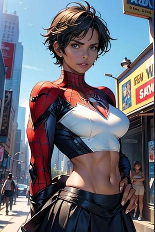 Halle Berry、マーベルコミックの映画Poster、so beautiful、Movies about Spider-Man、sexy、whole body、Wearing a skirt、Premiere Date、Poster、belly buttonを突き出す、new york、She&#39;s wearing a ripped Spiderman suit、The suit is torn、Wearing a skirt、Red and black color scheme、dynamic、masterpiece、highest quality、Super detailed、Very detailed、Delicate and beautiful shine、Ultra-high resolution、Cinematic、break、breakドロップ、(Torn clothes:1.5)、(Wet clothes:1.4)、Bare shoulders、Real Rain、Wet Hair、belly button、Exposed Skin、sexyな肩を披露