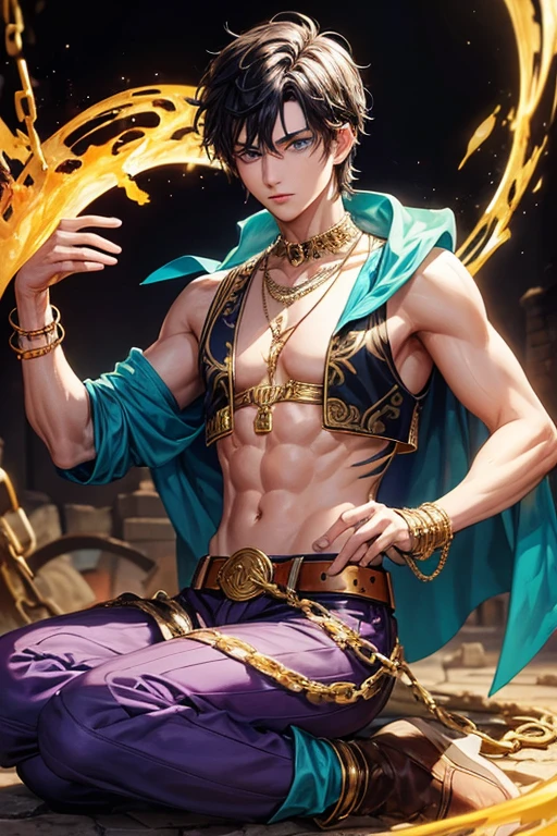 Bill joel cobra, 20 year old boy, short dark black hair, short messy hair, blue eyes, djinn clothing, blue open sleeveless vest, turquoise vest with gold arabic print, light purple arabic pants, gold belt, djinn bracelet with gems silver, brown boots, phosphorescent turquoise tattoos, surrounded by fire and green smoke tied by hand and foot chains surrounded by white chains, magic circles in each purple hand on a background of Arab ruins.
