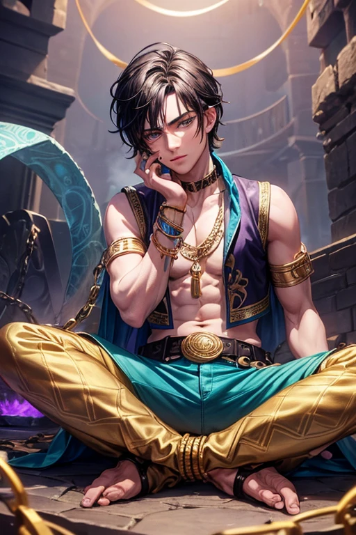 Bill joel cobra, 20 year old boy, short dark black hair, short messy hair, blue eyes, djinn clothing, blue open sleeveless vest, turquoise vest with gold arabic print, light purple arabic pants, gold belt, djinn bracelet with gems silver, brown boots, phosphorescent turquoise tattoos, surrounded by fire and green smoke tied by hand and foot chains surrounded by white chains, magic circles in each purple hand on a background of Arab ruins.