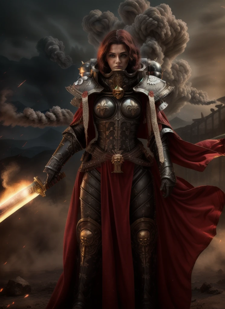 high quality photo of standing whsororitas with sword in hands whsororitas, znd long wavy hair long curly hair, flaming city ruins in background, dust and smoke, atmospheric lighting, white paper scrolls with text, red wax seals, saturated colors, Charlise Terion face, star trek cinematic,warhammer 40k, beautiful face, detailed face, whrepentia with sword
