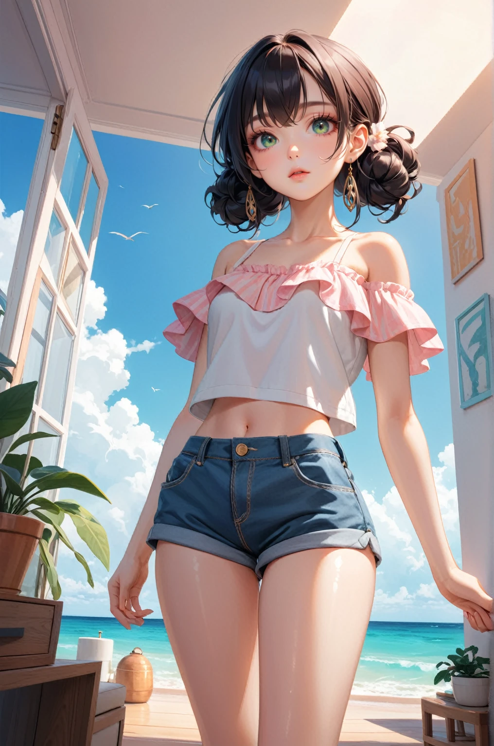 (masterpiece, best quality), (best black hair:1.3), (long hair:1.4)+, (alternate_hairstyle:2), (authentic_skin:1.5), (gyaru style), (giant_breasts:1.5)+,, gyaru fashion outfit, ((delicate aesthetic pink-theme:1.2)), (graygreen eyes), thick_lips:1.2, glossy lips, cute_fashion, slim, skinny, (narrow_waist:1.7)+, looking at viewer, matching-accessories, at elaborated charming environment, indoors, (panorama+)+, casual outfit, at detailed pink_environment++, (best comfy_clothes:1.5)+++, (off_shoulder, girlfriend material)+, confident, hair_tied, detailed_pink_room+, aesthetic_room, photorealistic++, (well_rendered_skin:1.4), (shiny_outfit:1.5)+.
(Seducing), shadows+.
(Dynamic pose:1.4)+, from_below, (shorts)+,
(character_from_afar, distant_shot+), (nsfw)