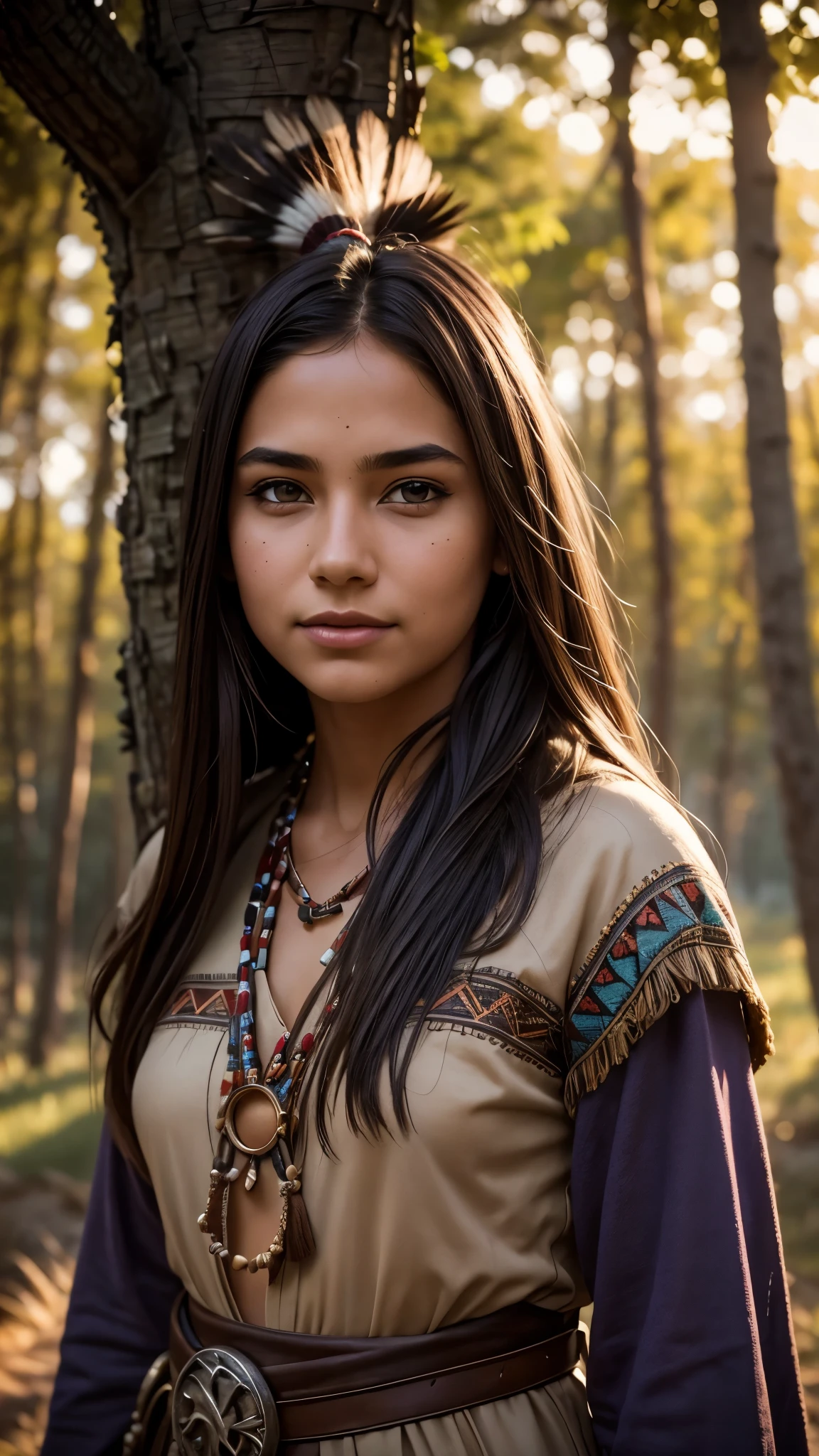 (grainy:0.5), cinematic, girl,native american,fantasy,(solo:1.3), detailed eyes, detailed face, detailed  native american clothing , volumetric lighting, dusk, extremely detailed background, standing next to tree, smiling, half closed eyes, tilted head, from side
