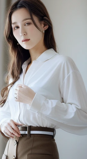 (highest quality, High resolution, masterpiece :1.3), Tall and beautiful woman, Slim Abs, Dark brown hair styled in loose waves, chest, Wear a pendant, White button-up shirt, belt, Black Skirt, (Modern architecture in the background), Exquisite expression of facial and skin texture details, Fine grain, double eyelid