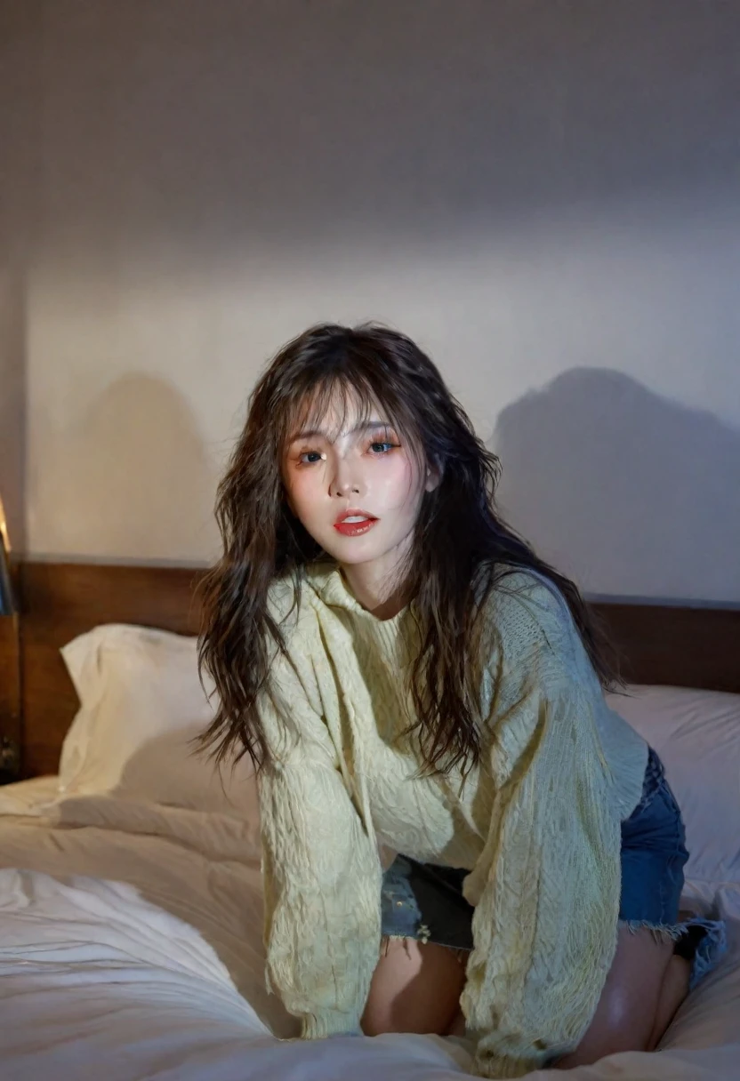 ((Beautiful girl:1.3)) ((Wearing:1.4)) ((On the bed:1.4)) ((Stylish hotel:1.2)) ((Sweat:1.5)) highest quality,masterpiece,Ultra-high resolution,(Realistic:1.4),RAW Photos,(Real skin texture:1.3),(Film Grain:1.3),Studio strobe photography,Detailed skin,Panorama,Character Portrait,Very wide shot,Tight waist,Cowboy Shot,(In the Dark, Deep Shadow, Modest, Cold Light,) night,(()),Tears flow,Dust,Tyndall effect,(Performance),,Beautiful and detailed eyes and face,Brown eyes, ((whole body:)) ((close:)) ((Afterglow)) ((Excited:1.3)) ((Wet:1.1)) ((Lying down))