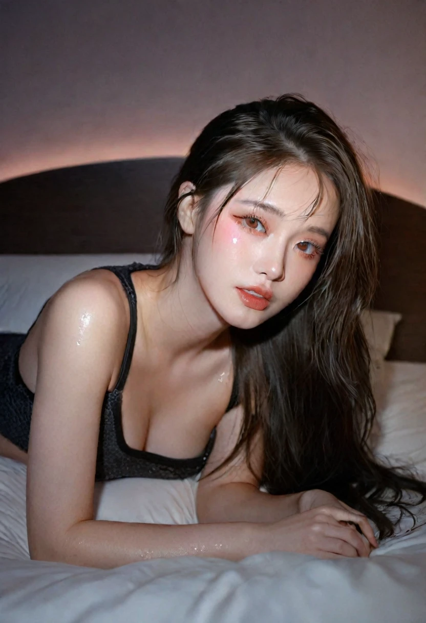 ((Beautiful girl:1.3)) ((Wearing:1.4))  ((On the bed:1.4)) ((Stylish hotel:1.2)) ((Sweat:1.5))  highest quality,masterpiece,Ultra-high resolution,(Realistic:1.4),RAW Photos,(Real skin texture:1.3),(Film Grain:1.3),Studio strobe photography,Detailed skin,Panorama,Character Portrait,Very wide shot,Tight waist,Cowboy Shot,(In the Dark, Deep Shadow, Modest, Cold Light,) night,(()),Tears flow,Dust,Tyndall effect,(Performance),,Beautiful and detailed eyes and face,Brown eyes, ((whole body:)) ((close:)) ((Afterglow)) ((Excited:1.3)) ((Wet:1.1)) ((Lying down))