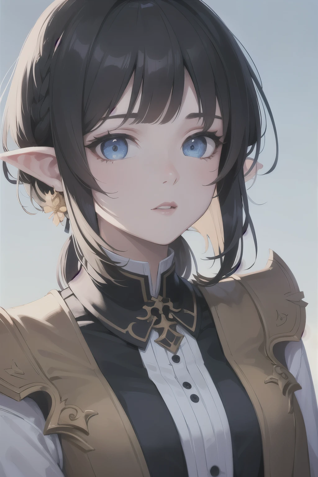 ((best quality)), ((masterpiece)), (detailed), perfect face, young girl, black hair, shoulder length hair, short bangs, bangs above eyebrows, sky blue eyes, white and blue preppy dress, smart eyes, expressed look, neutral face, black academia dress, short elf ears