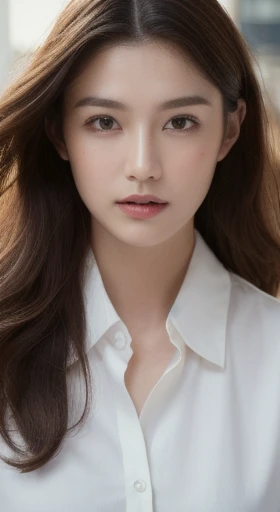 (highest quality, High resolution, masterpiece :1.3), Tall and beautiful woman, Slim Abs, Dark brown hair styled in loose waves, chest, Wear a pendant, White button-up shirt, belt, Black Skirt, (Modern architecture in the background), Exquisite expression of facial and skin texture details, Fine grain, double eyelid