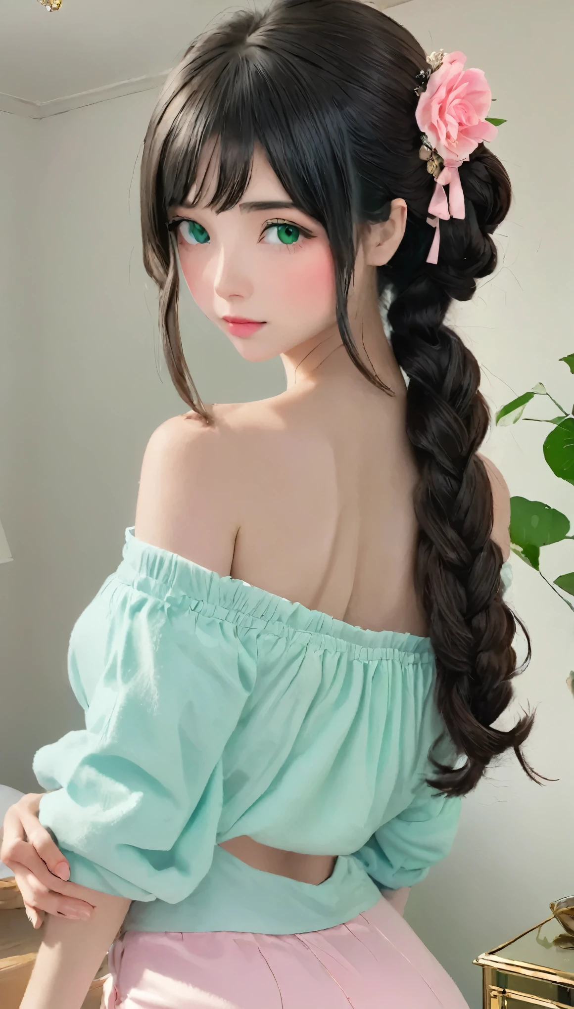 (masterpiece, highest quality), (best black hair:1.3)+, (long hair:1.4)+, (Alternative_hairstyle:2), (Genuine_skin:1.5), (Improved Style), (Giant_chest:1.5)+,, gyaru fashion Costume, ((delicate beautiful pink-theme:1.2)), (Gray-green eyes), thick_lips:1.2, glossy lips, cute_fashion, slim, skinny, (narrow_Waist:1.7)+, View Viewer, Matching Accessories, at elaborated charming environment, indoor, (Panorama+)+, casual Costume, at detailed pink_environment++, (Extremely comfortable_Clothes:1.5)+++, (off_shoulder, Girlfriend Material)+, have confidence, hair_Tied up, detailed_pink_room+, beautiful_room, Realistic++, (good_rendering_skin:1.4), (Shiny_Costume:1.5)+.
(Seduce), Shadow+.
(Dynamic pose:1.4)+, from_Under, (Shorts)+,
(character_from_far away, far_shot+),