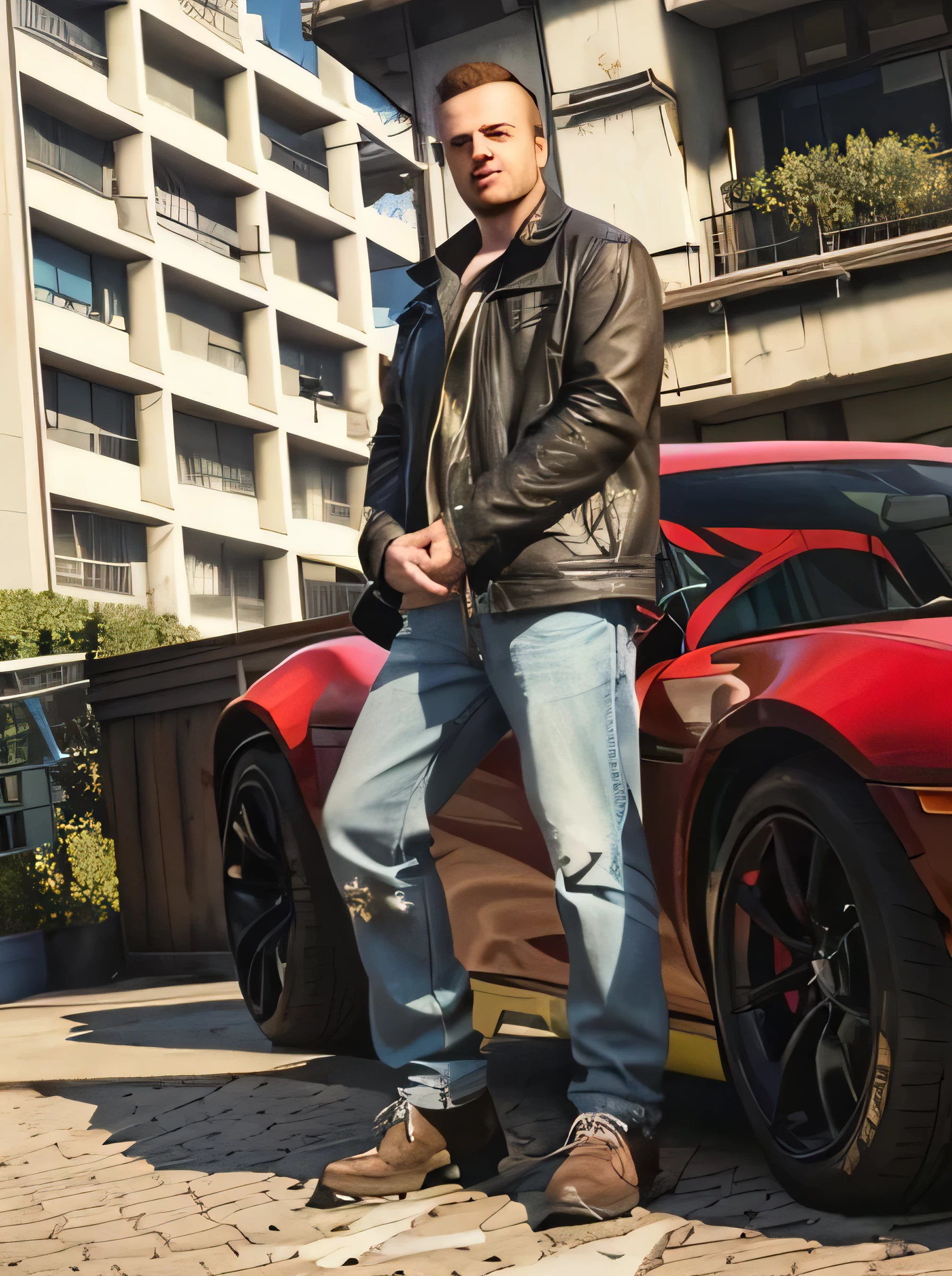 Close-up of a man standing next to a red car, gta character, As the protagonist of GTA 5, gta character v, Elon musk in gta v, As a character from GTAV, Screenshot from gta v, gtav, gta v style, Jesse pinkman in gta v, gta v street style, gta5 style, gta v screenshot