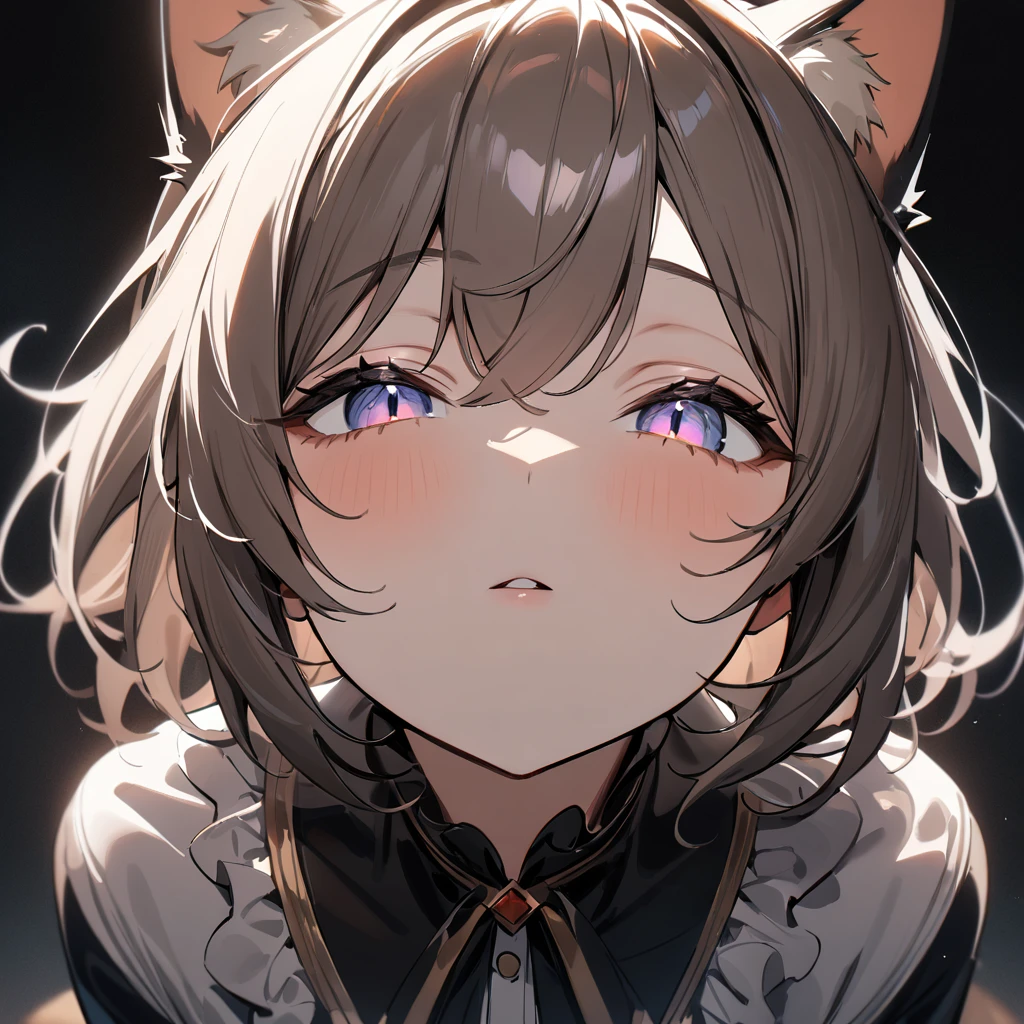 1girl,portrait,Cat ear,Slit pupil,masterpiece,best quality, very aesthetic,absurdres,highlight,center frills,cat ear,medium shot,looking at viewer,half closed eyes,front view,(looking up:1.3),Parted lips,kiss