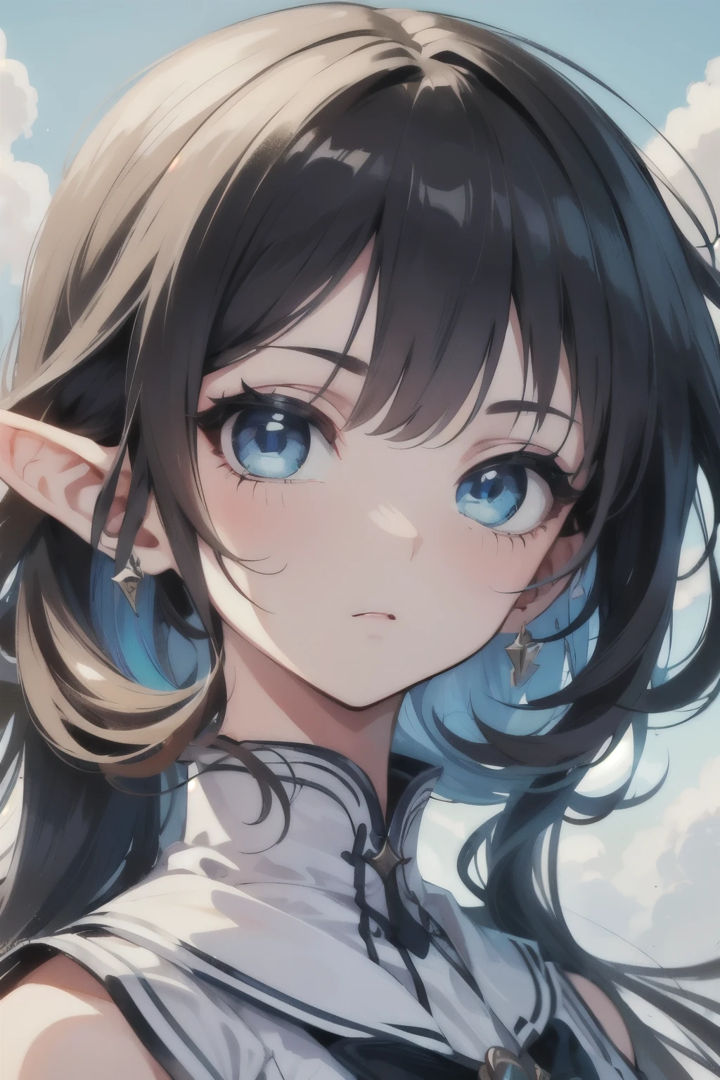 ((best quality)), ((masterpiece)), (detailed), perfect face, young girl, black hair, shoulder length hair, short bangs, bangs above eyebrows, sky blue eyes, deep blue eyes, white and blue preppy dress, smart eyes, expressed look, neutral face, short elf ears, short fringe