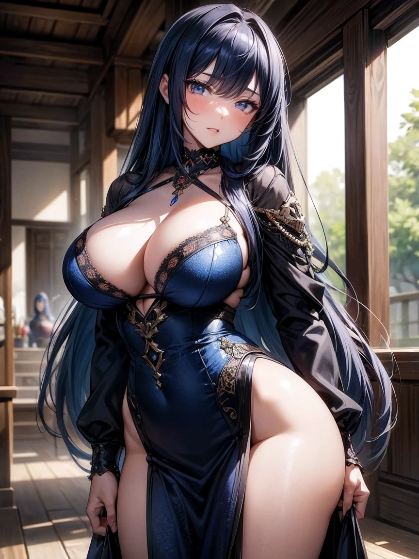 (masterpiece), best quality, highly detailed faces, (SHARP details), 4k, highly detailed, expressive eyes, SHARP detail expressive eyes, (SHARP detail perfect face), long hair, 20 year old woman, standing, courtesan dress, dark-blue hair, indoors, clothed, big breasts, mature, voluptuous, taimanin asagi,