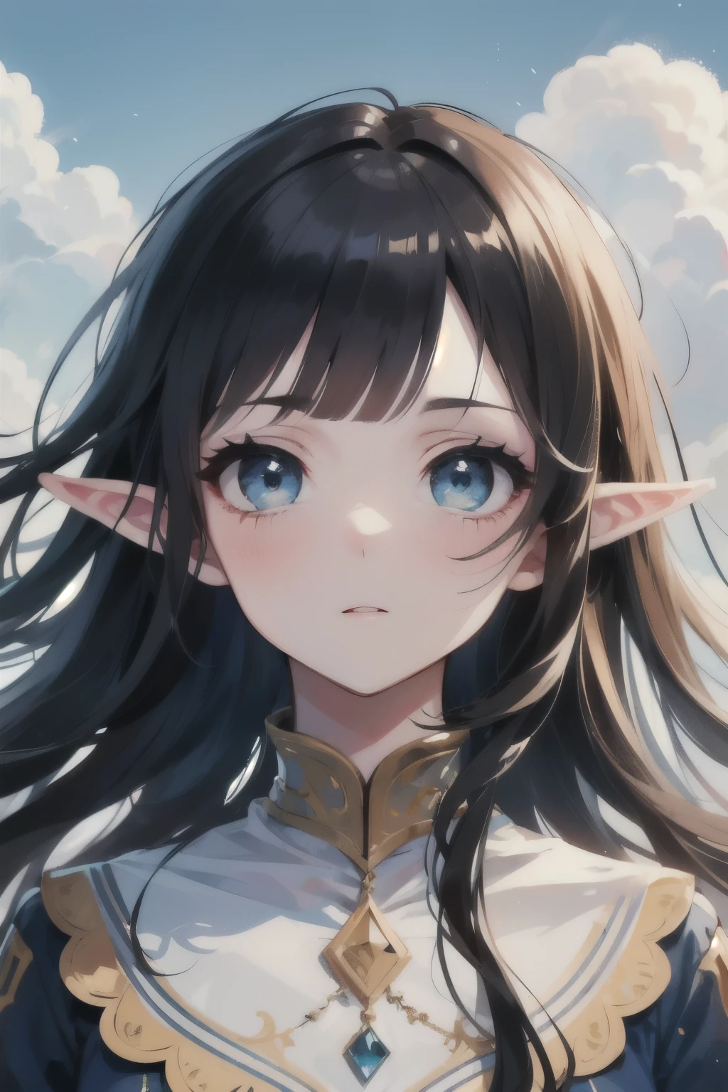 ((best quality)), ((masterpiece)), (detailed), perfect face, young girl, black hair, shoulder length hair, short bangs, bangs above eyebrows, sky blue eyes, deep blue eyes, white and blue preppy dress, smart eyes, expressed look, neutral face, short elf ears, short fringe, full-body portrait