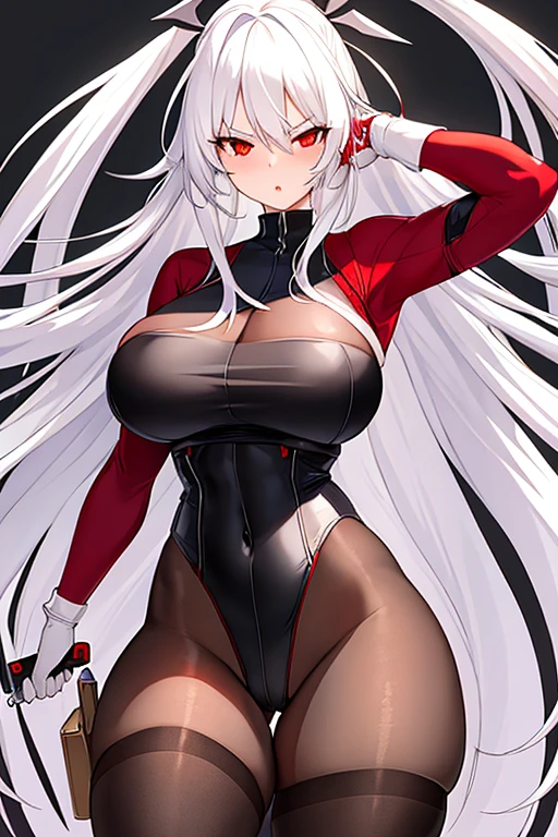 1girl, white hair, long hair, red eyes, serious, glowing eyes, large breasts, thick thighs, mature female, athletic female, toned, leotard, black leotard, thighhighs, belt, knife, knifes, pantyhose, black pantyhose
