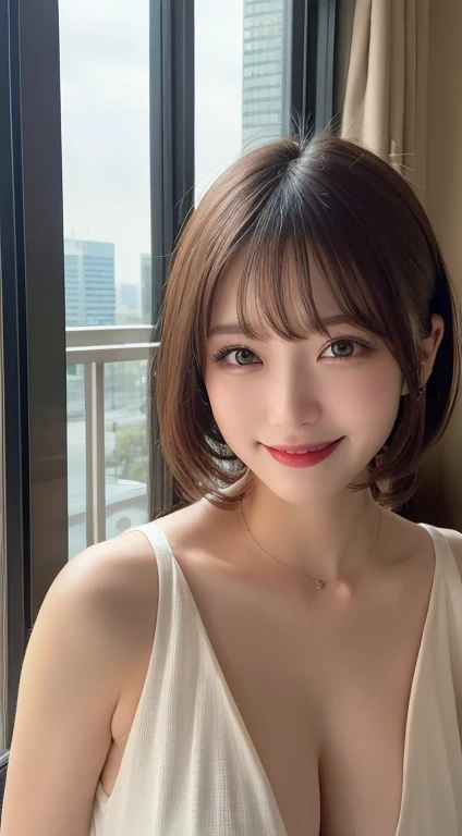 Tabletop, highest quality, figure, Super detailed, In detail, High resolution, 8k wallpaper, Perfect dynamic composition, Beautiful fine details, dress,Medium Hair, Center of chest, Natural color lip, Random sexy poses,smile,Tower apartment、Full nudity、