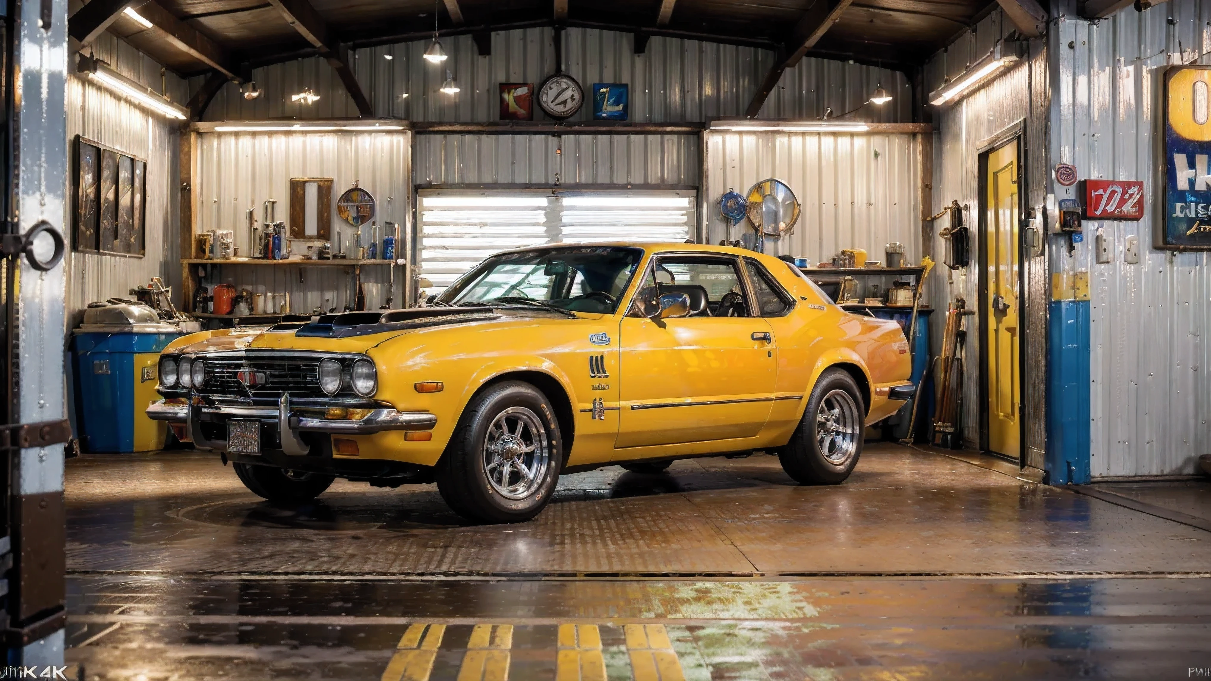 a garage decorated in american style, vibrant colors, neon signs, advertising signs, vintage cars, old tools, oil cans, cylinder tubes, dramatic lighting, photorealistic, 8k, hyperdetailed, cinematic, highly realistic, intricate details, sharp focus, professional photography, (best quality,4k,8k,16k,32k,64k,Highest,masterpiece:1.3),(realistic,photo-realistic,photorealistic:1.4), (extremely detailed CG unit 64k wallpaper), 64k UHD, 64k HDR, sharp focus Fujifilm XT3, professional lighting, vivid colors, intricate details, film grain, RAW Photography, digital SLR camera, Fujifilm XT3 Realistic painting art, f5.6,