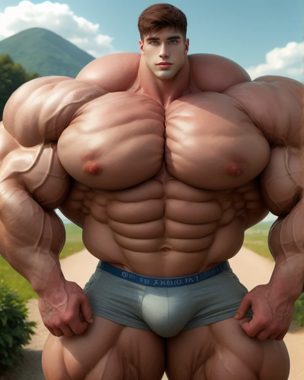 1 daddy, handsome, giant, buzz haircut, model shoot style, looking at camera, standing up, cool ambiance, outdoor, commercial photoshoot, large dry meadows, strong body, bulk, wear prominent bulge soldiers triangular underwear, bulge, big, brutalmass, giant, muscular body, bulk, massive body, large meaty body size, brown skin, huge arms, ballooning meaty chests
