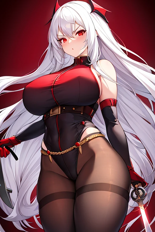 1girl, white hair, long hair, red eyes, serious, glowing eyes, large breasts, thick thighs, mature female, toned, leotard, black leotard, thighhighs, belt, knife, knifes, pantyhose, black pantyhose