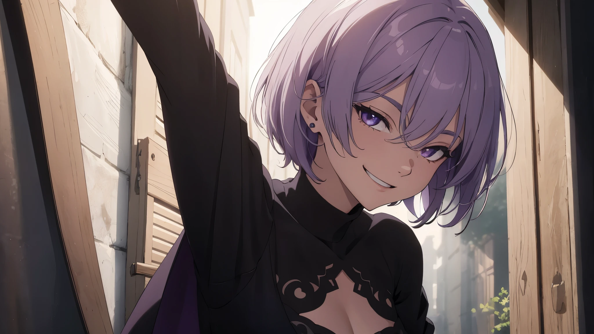 extremely detailed CG unity 8k wallpaper), (masterpiece), (best quality), (ultra-detailed), (best illustration), (best shadow), (absurdres) ,(detailed eyes), 2b, 1girl, short hair, purple hair, solo, Intimidating women, casual clothes, night, pose, white clothes, elegant outfit , home clothes, Sunlight, exposed to sunlight, fighting pose, wearing cape, smiling