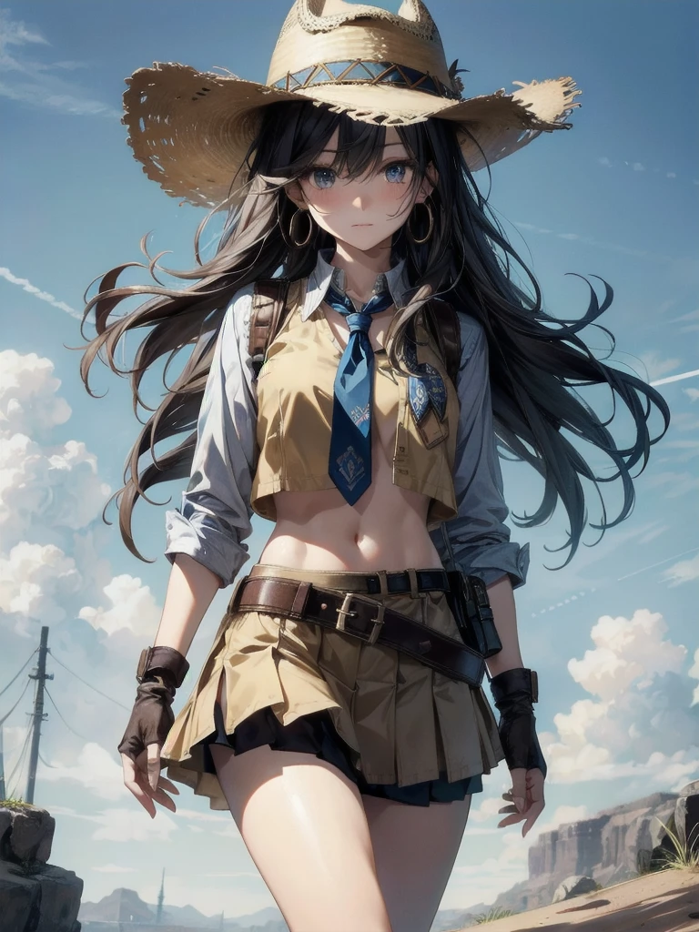 cowgirl costume, vest, cowboy hat, fingerless gloves, midriff, neckerchief, short skirt, holster, absurdres, RAW photo, extremely delicate and beautiful, masterpiece, Best Quality, ultra high resolution, 32k, hyperrealistic, ultra-detailed, perfect figure, tearful mole, earring, whole body shot, short medium hair, wavy hair,