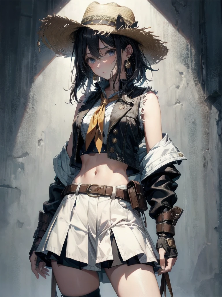 cowgirl costume, vest, cowboy hat, fingerless gloves, midriff, neckerchief, short skirt, holster, absurdres, RAW photo, extremely delicate and beautiful, masterpiece, Best Quality, ultra high resolution, 32k, hyperrealistic, ultra-detailed, perfect figure, tearful mole, earring, whole body shot, short medium hair, wavy hair,