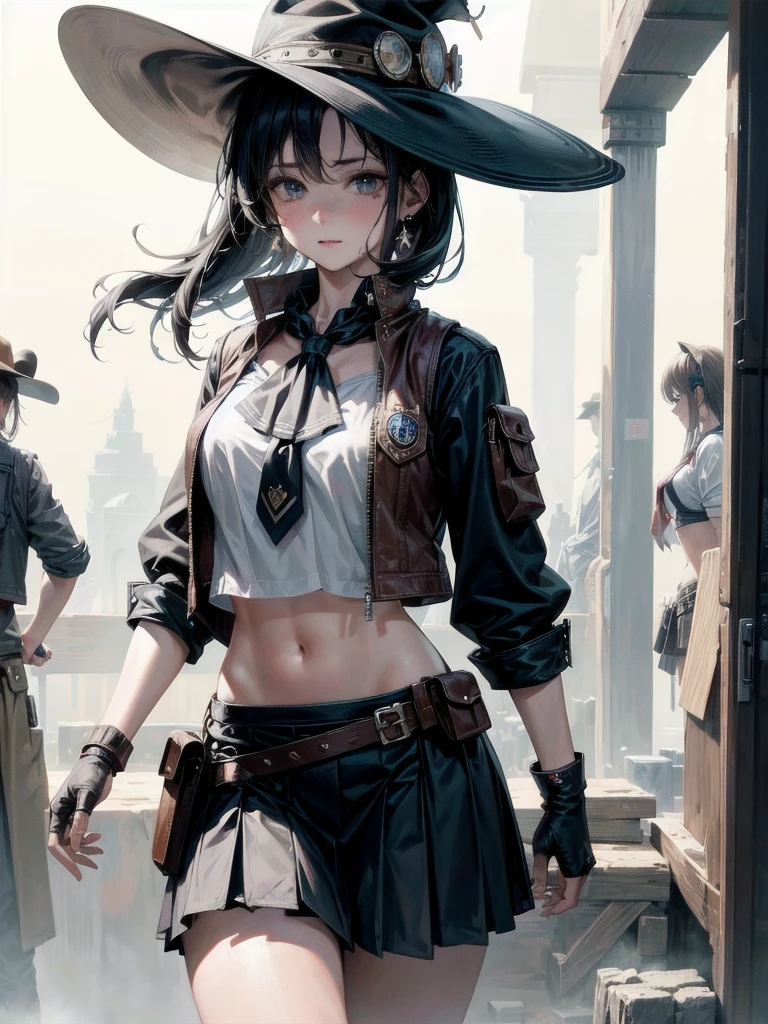 cowgirl costume, vest, cowboy hat, fingerless gloves, midriff, neckerchief, short skirt, holster, absurdres, RAW photo, extremely delicate and beautiful, masterpiece, Best Quality, ultra high resolution, 32k, hyperrealistic, ultra-detailed, perfect figure, tearful mole, earring, whole body shot, short medium hair, wavy hair,