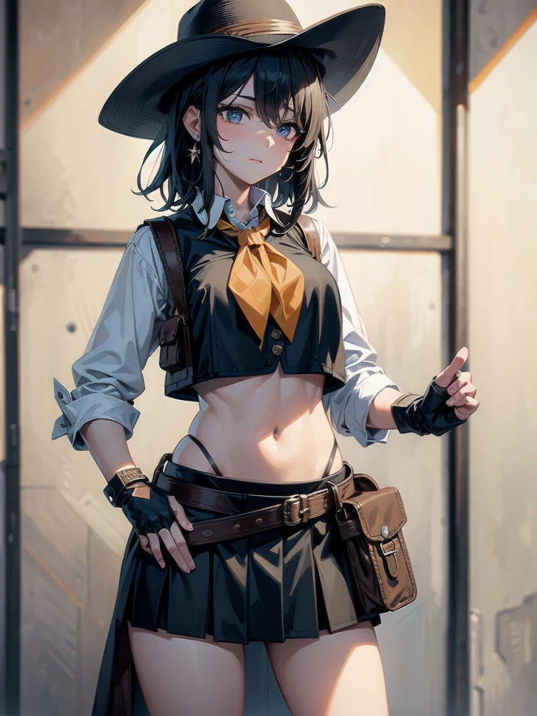 cowgirl costume, vest, cowboy hat, fingerless gloves, midriff, neckerchief, short skirt, holster, absurdres, RAW photo, extremely delicate and beautiful, masterpiece, Best Quality, ultra high resolution, 32k, hyperrealistic, ultra-detailed, perfect figure, tearful mole, earring, whole body shot, short medium hair, wavy hair,