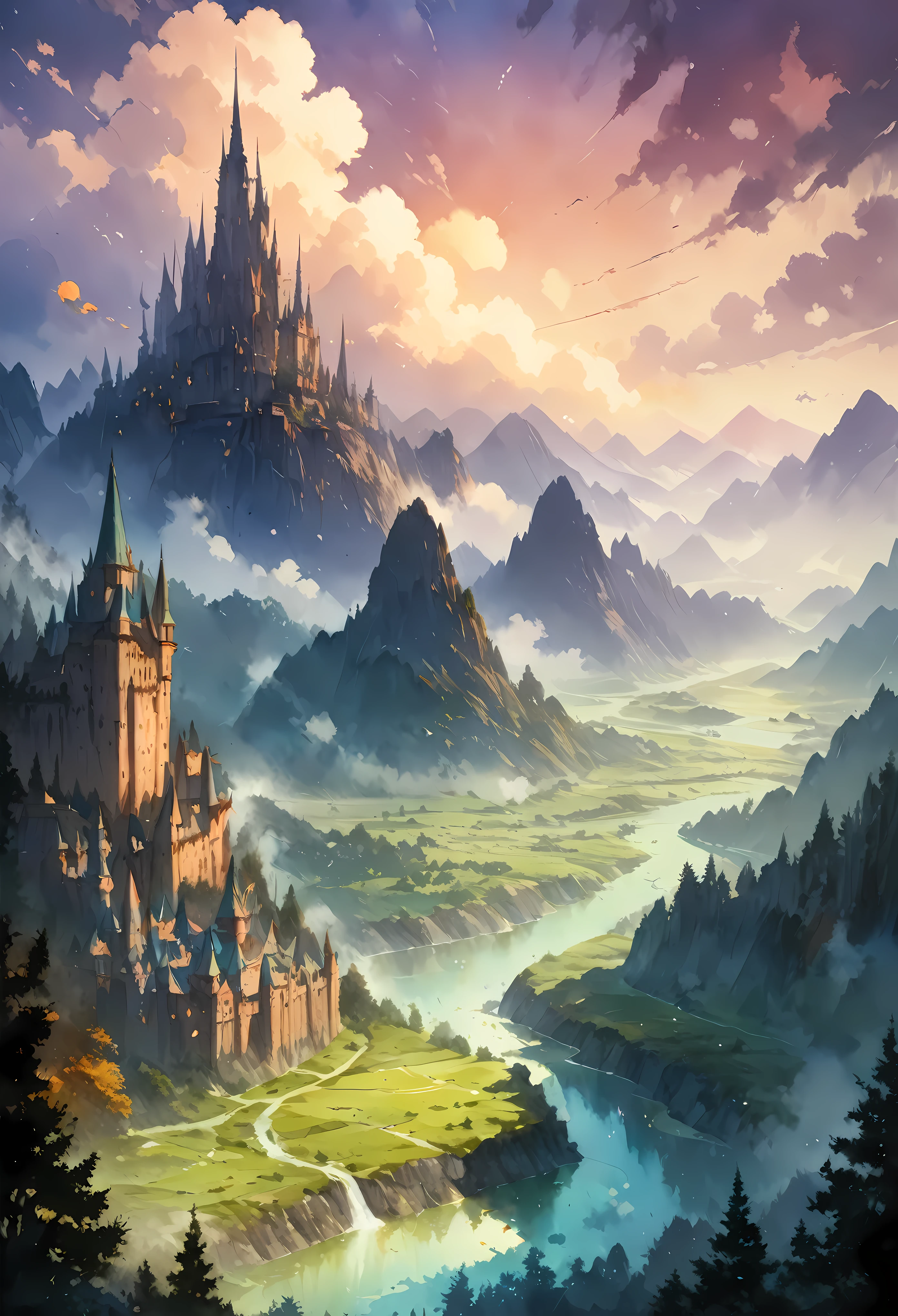 Create an image that captures the essence of classical art and award-winning painting, drawing inspiration from Studio Ghibli style watercolor paintings. Visualize a enchanting watercolor painting of mystical fantasy City landscape. The City landscape should be meticulously detailed. | The setting is a mystical fantasy city, under the warm light of sunlight, casting striking shadows around. The landscape atmosphere must feel both engaging and ethereal. | Rendered in ultra-high detail and quality, this masterpiece ensures super detail. With a focus on high quality and accuracy, this award-winning portrayal captures every nuance in stunning 16k resolution, immersing viewers in its lifelike depiction. | ((watercolor painting):1.1), ((Studio Ghibli style):1.1), ((mystical fantasy landscape):1.1). | ((perfect_composition, perfect_design, perfect_layout, perfect_detail, ultra_detailed)), ((enhance_all, fix_everything)), More Detail, Enhance.