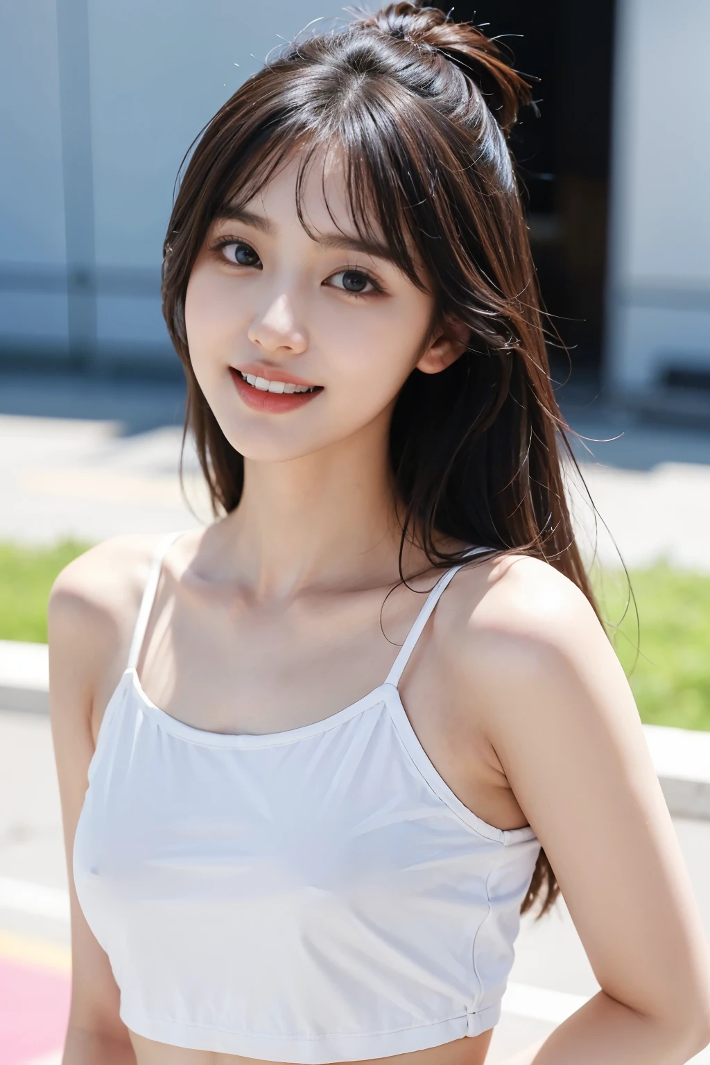 White upper teeth,Flat Bust,Thin beautiful girl,Korean famous beautiful girl idol star dancer,Shoulders exposed skin,
