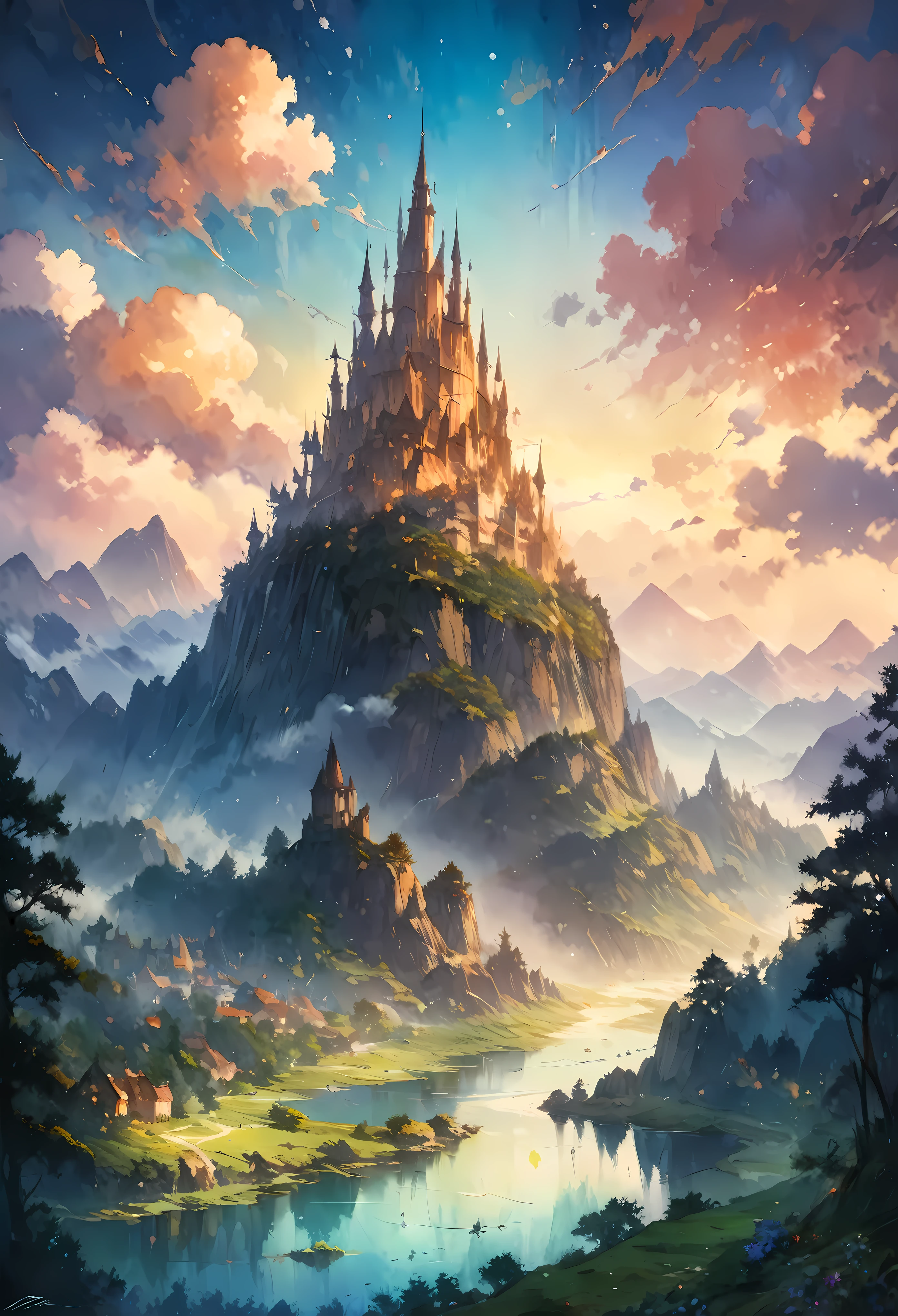 Create an image that captures the essence of classical art and award-winning painting, drawing inspiration from Studio Ghibli style watercolor paintings. Visualize a enchanting watercolor painting of mystical fantasy City landscape. The City landscape should be meticulously detailed. | The setting is a mystical fantasy city, under the warm light of sunlight, casting striking shadows around. The landscape atmosphere must feel both engaging and ethereal. | Rendered in ultra-high detail and quality, this masterpiece ensures super detail. With a focus on high quality and accuracy, this award-winning portrayal captures every nuance in stunning 16k resolution, immersing viewers in its lifelike depiction. | ((watercolor painting):1.1), ((Studio Ghibli style):1.1), ((mystical fantasy landscape):1.1). | ((perfect_composition, perfect_design, perfect_layout, perfect_detail, ultra_detailed)), ((enhance_all, fix_everything)), More Detail, Enhance.