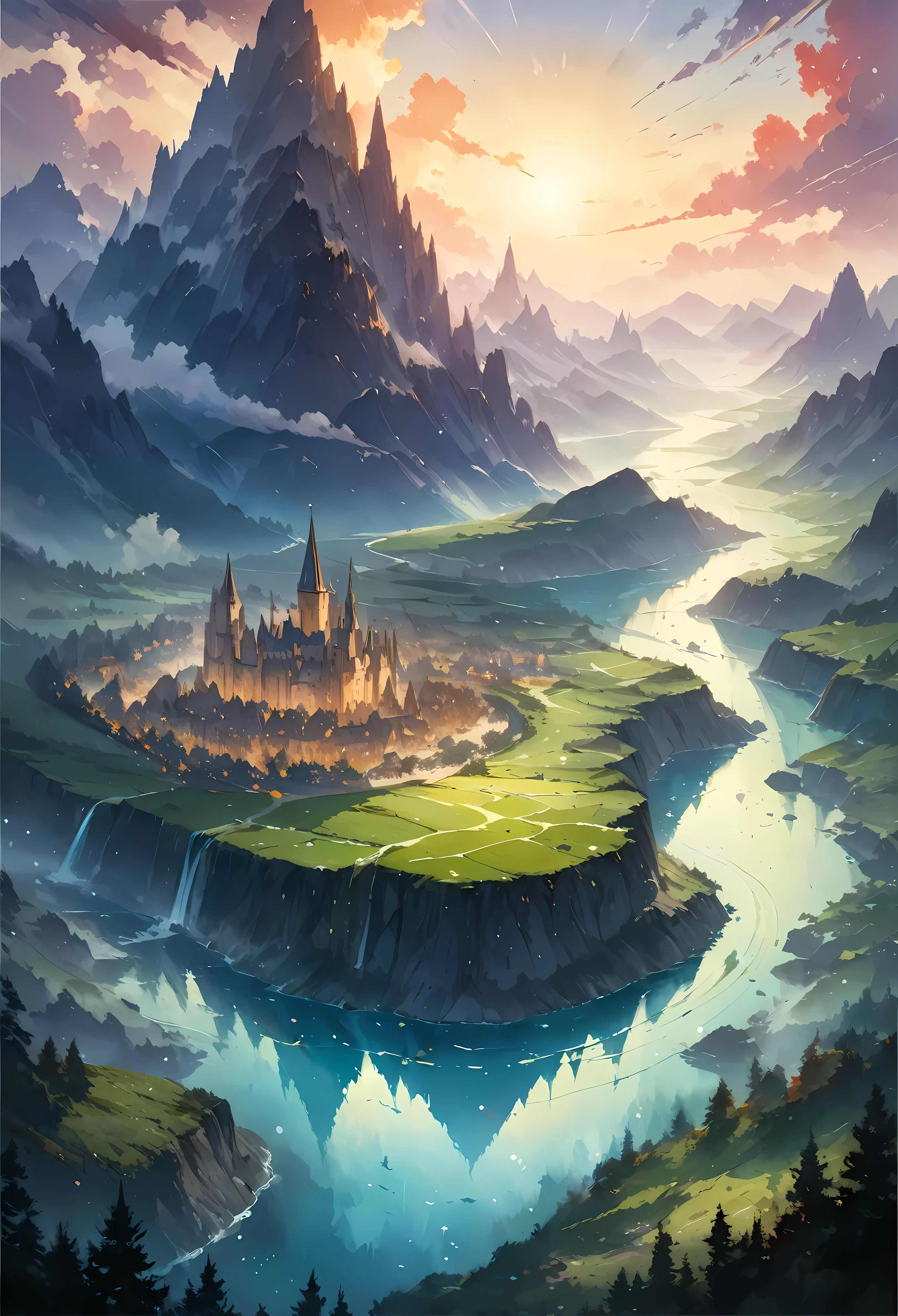 Create an image that captures the essence of classical art and award-winning painting, drawing inspiration from Studio Ghibli style watercolor paintings. Visualize a enchanting watercolor painting of mystical fantasy City landscape. The City landscape should be meticulously detailed. | The setting is a mystical fantasy city, under the warm light of sunlight, casting striking shadows around. The landscape atmosphere must feel both engaging and ethereal. | Rendered in ultra-high detail and quality, this masterpiece ensures super detail. With a focus on high quality and accuracy, this award-winning portrayal captures every nuance in stunning 16k resolution, immersing viewers in its lifelike depiction. | ((watercolor painting):1.1), ((Studio Ghibli style):1.1), ((mystical fantasy landscape):1.1). | ((perfect_composition, perfect_design, perfect_layout, perfect_detail, ultra_detailed)), ((enhance_all, fix_everything)), More Detail, Enhance.