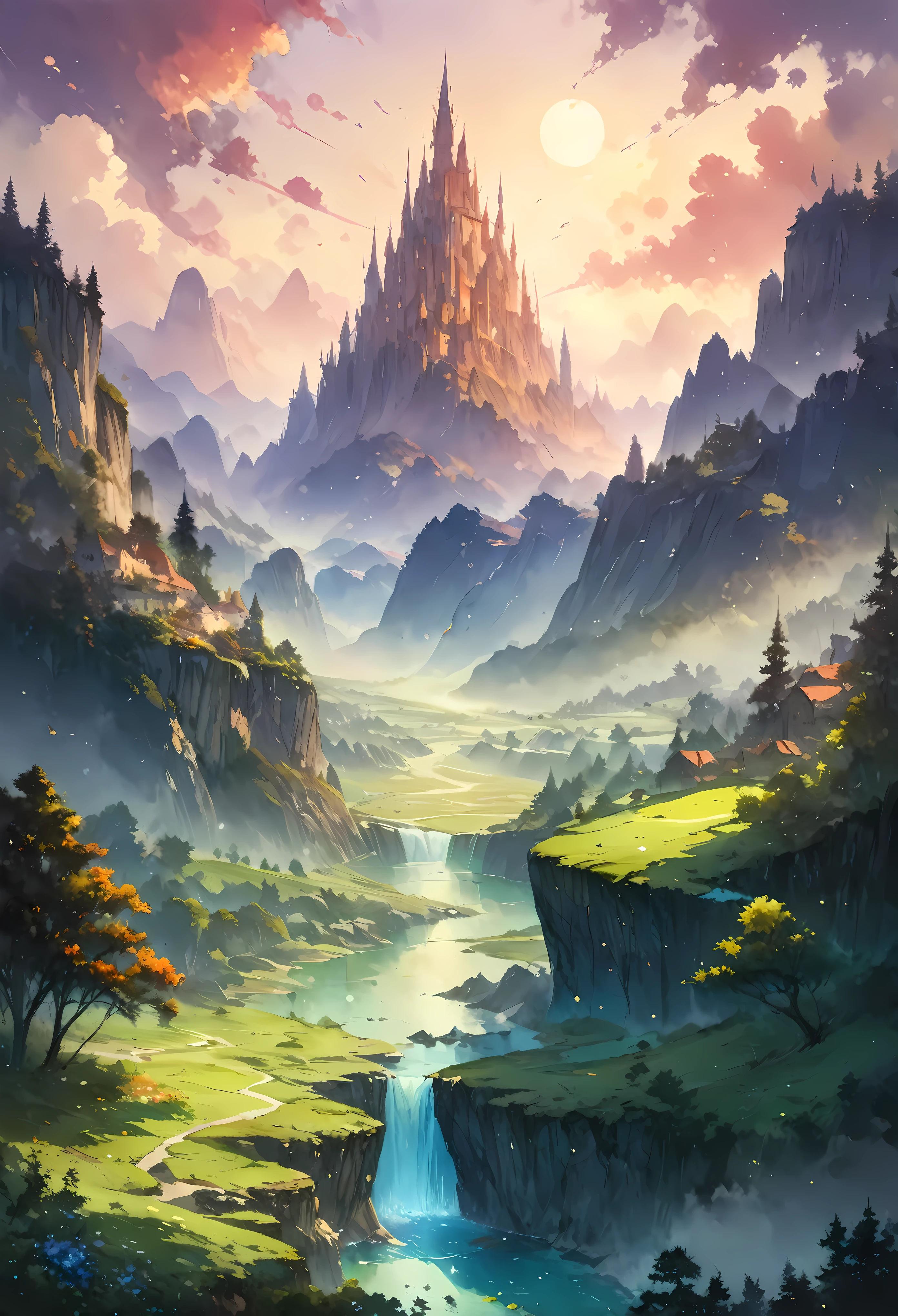 Create an image that captures the essence of classical art and award-winning painting, drawing inspiration from Studio Ghibli style watercolor paintings. Visualize a enchanting watercolor painting of mystical fantasy City landscape. The City landscape should be meticulously detailed. | The setting is a mystical fantasy city, under the warm light of sunlight, casting striking shadows around. The landscape atmosphere must feel both engaging and ethereal. | Rendered in ultra-high detail and quality, this masterpiece ensures super detail. With a focus on high quality and accuracy, this award-winning portrayal captures every nuance in stunning 16k resolution, immersing viewers in its lifelike depiction. | ((watercolor painting):1.1), ((Studio Ghibli style):1.1), ((mystical fantasy landscape):1.1). | ((perfect_composition, perfect_design, perfect_layout, perfect_detail, ultra_detailed)), ((enhance_all, fix_everything)), More Detail, Enhance.