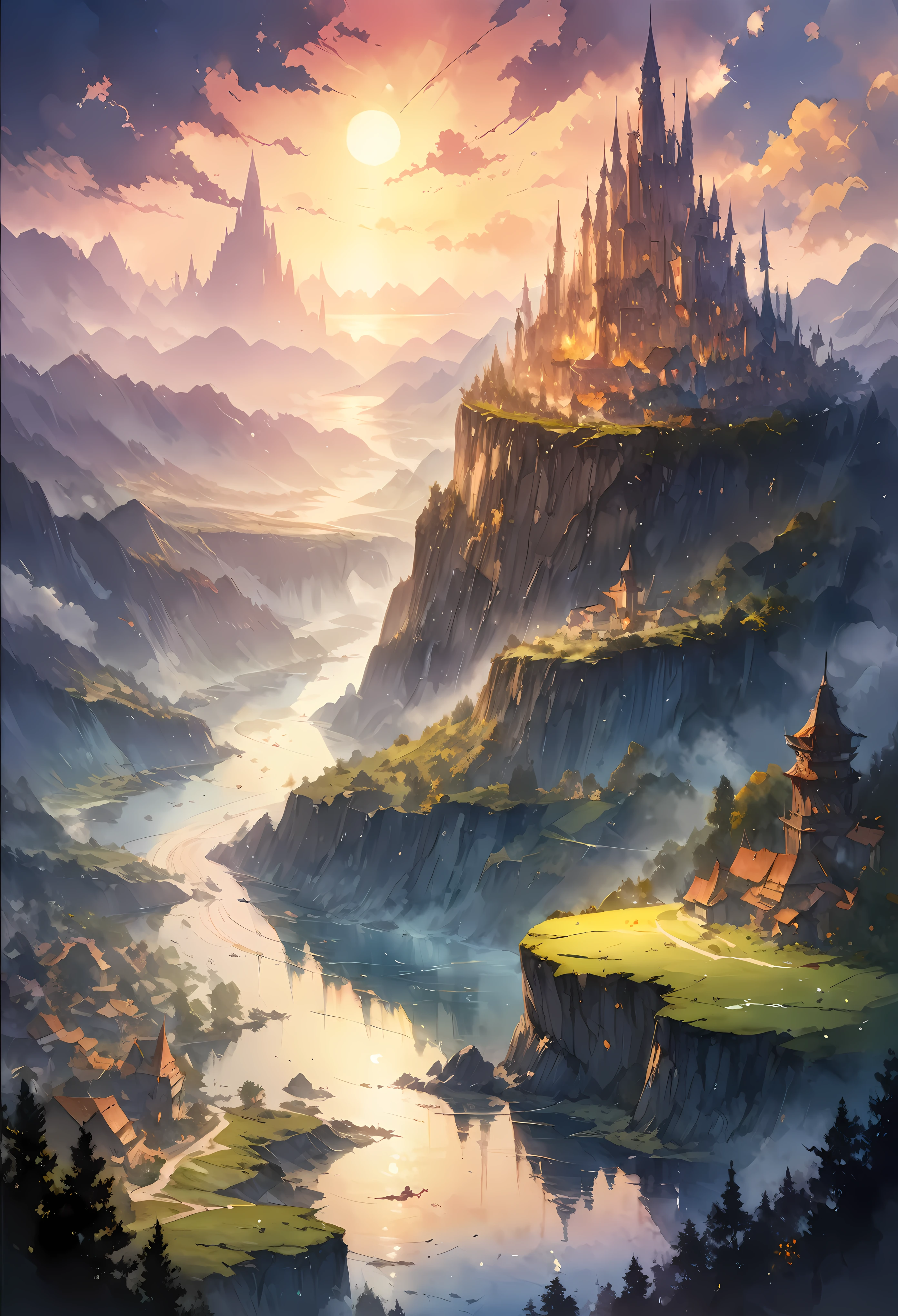 Create an image that captures the essence of classical art and award-winning painting, drawing inspiration from Studio Ghibli style watercolor paintings. Visualize a enchanting watercolor painting of mystical fantasy City landscape. The City landscape should be meticulously detailed. | The setting is a mystical fantasy city, under the warm light of sunlight, casting striking shadows around. The landscape atmosphere must feel both engaging and ethereal. | Rendered in ultra-high detail and quality, this masterpiece ensures super detail. With a focus on high quality and accuracy, this award-winning portrayal captures every nuance in stunning 16k resolution, immersing viewers in its lifelike depiction. | ((watercolor painting):1.1), ((Studio Ghibli style):1.1), ((mystical fantasy landscape):1.1). | ((perfect_composition, perfect_design, perfect_layout, perfect_detail, ultra_detailed)), ((enhance_all, fix_everything)), More Detail, Enhance.