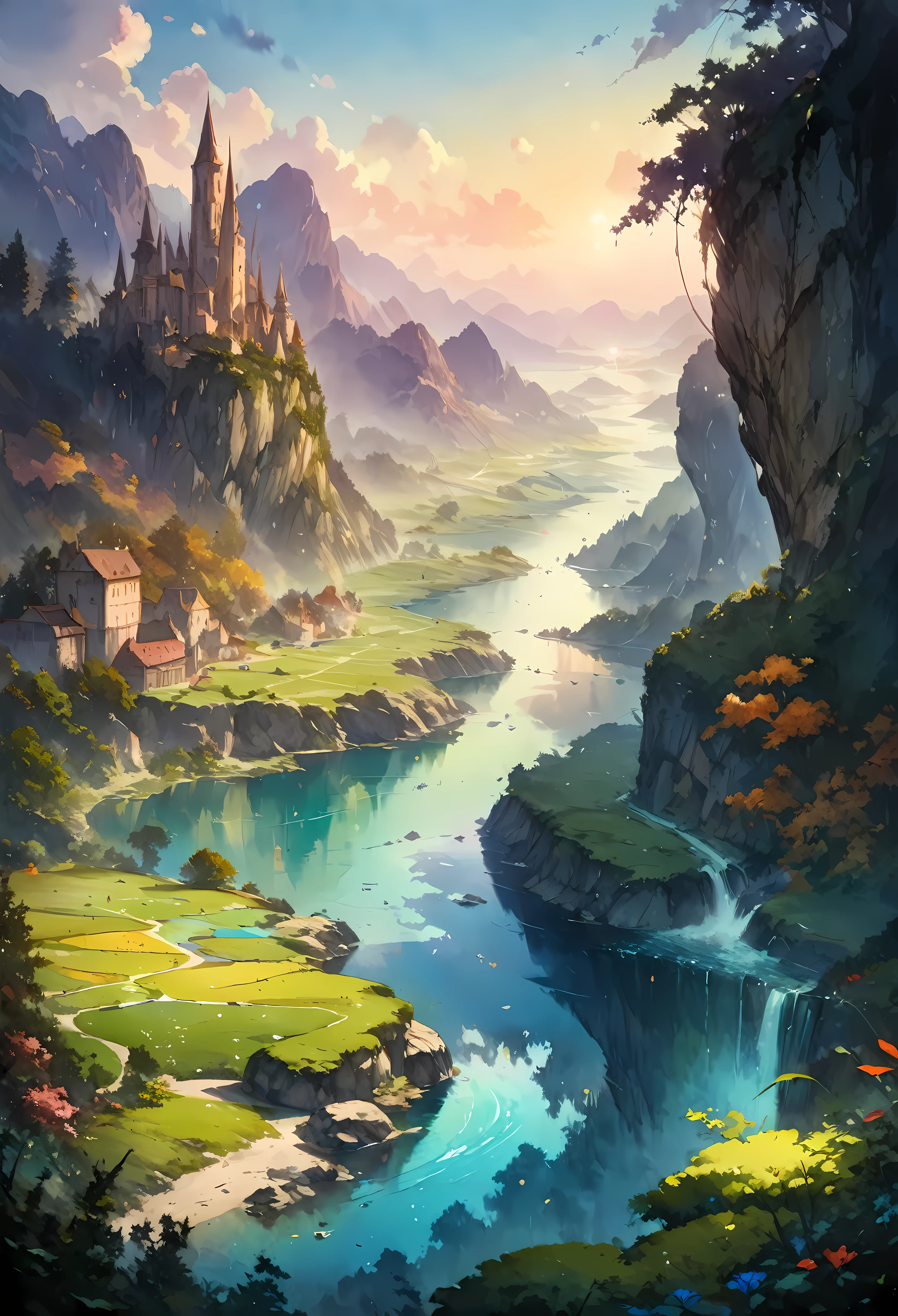 Create an image that captures the essence of classical art and award-winning painting, drawing inspiration from Studio Ghibli style watercolor paintings. Visualize a enchanting watercolor painting of mystical fantasy City landscape. The City landscape should be meticulously detailed. | The setting is a mystical fantasy city, under the warm light of sunlight, casting striking shadows around. The landscape atmosphere must feel both engaging and ethereal. | Rendered in ultra-high detail and quality, this masterpiece ensures super detail. With a focus on high quality and accuracy, this award-winning portrayal captures every nuance in stunning 16k resolution, immersing viewers in its lifelike depiction. | ((watercolor painting):1.1), ((Studio Ghibli style):1.1), ((mystical fantasy landscape):1.1). | ((perfect_composition, perfect_design, perfect_layout, perfect_detail, ultra_detailed)), ((enhance_all, fix_everything)), More Detail, Enhance.